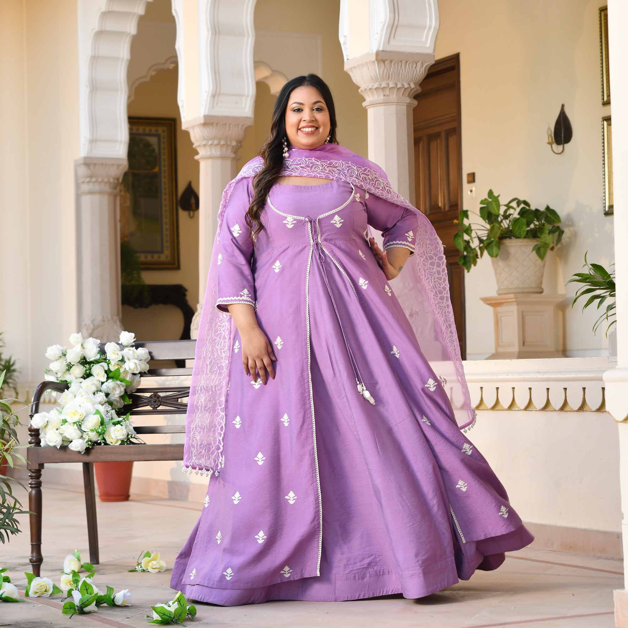 Mulberry- Periwinkle Thread Embroidered Mul Chanderi Anarkali Cape Set