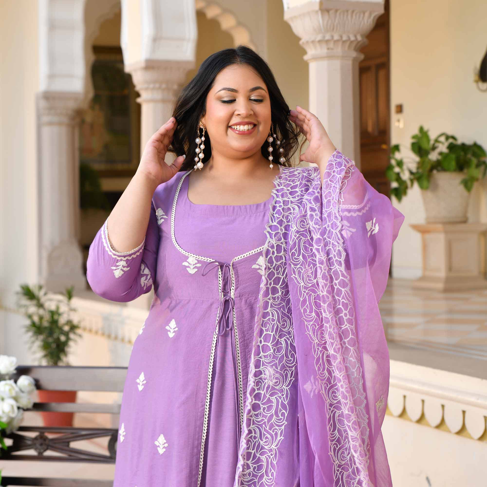 Mulberry- Periwinkle Thread Embroidered Mul Chanderi Anarkali Cape Set