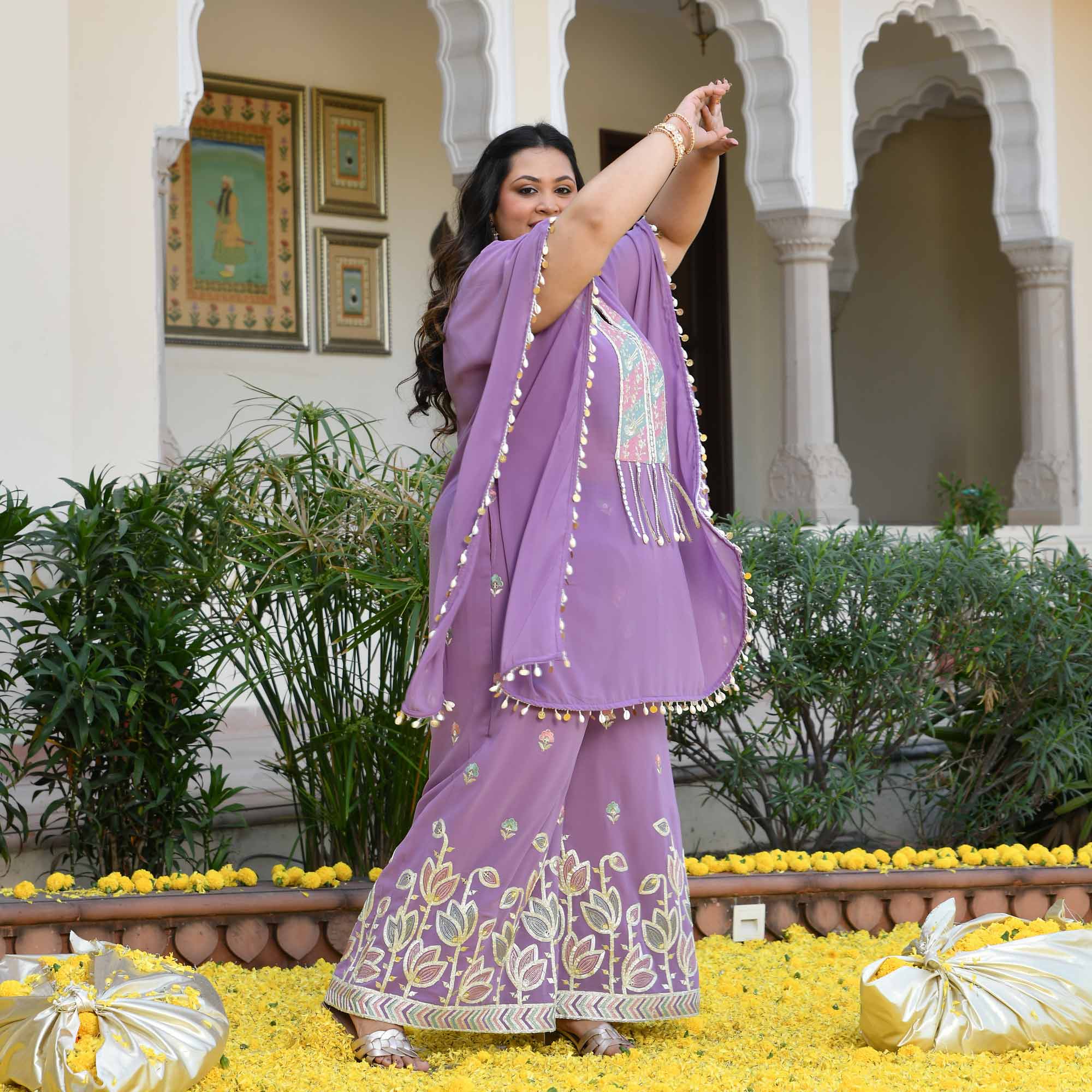 Always You- Lilac Purple Thread & Gota Embroidered Georgette Cape Kaaftan Set