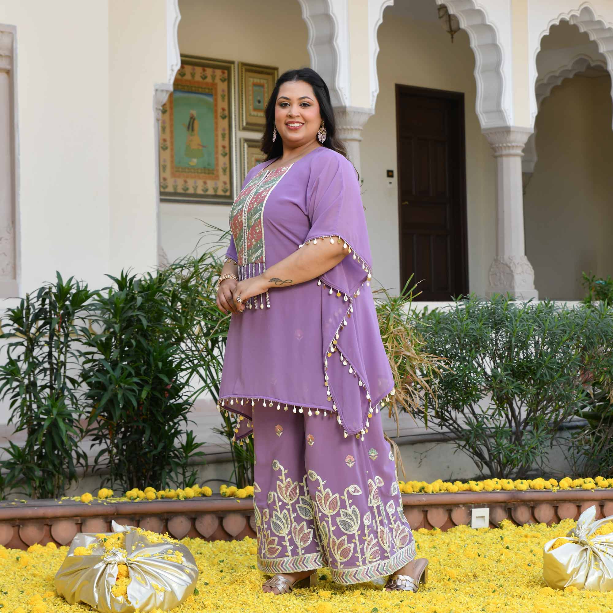 Always You- Lilac Purple Thread & Gota Embroidered Georgette Cape Kaaftan Set