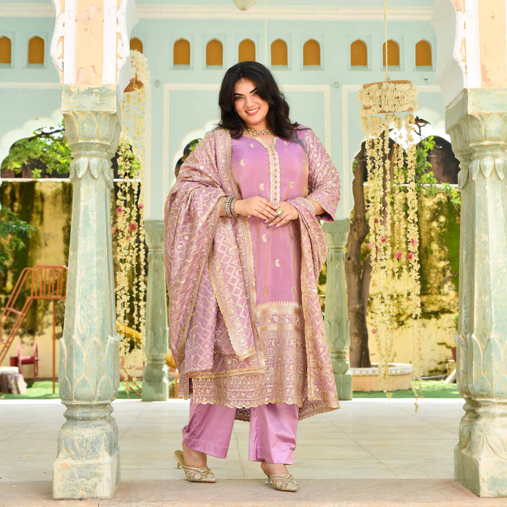 Piyu Bole- Lilac Sequin Embroidered Pure Tissue Silk Suit Set