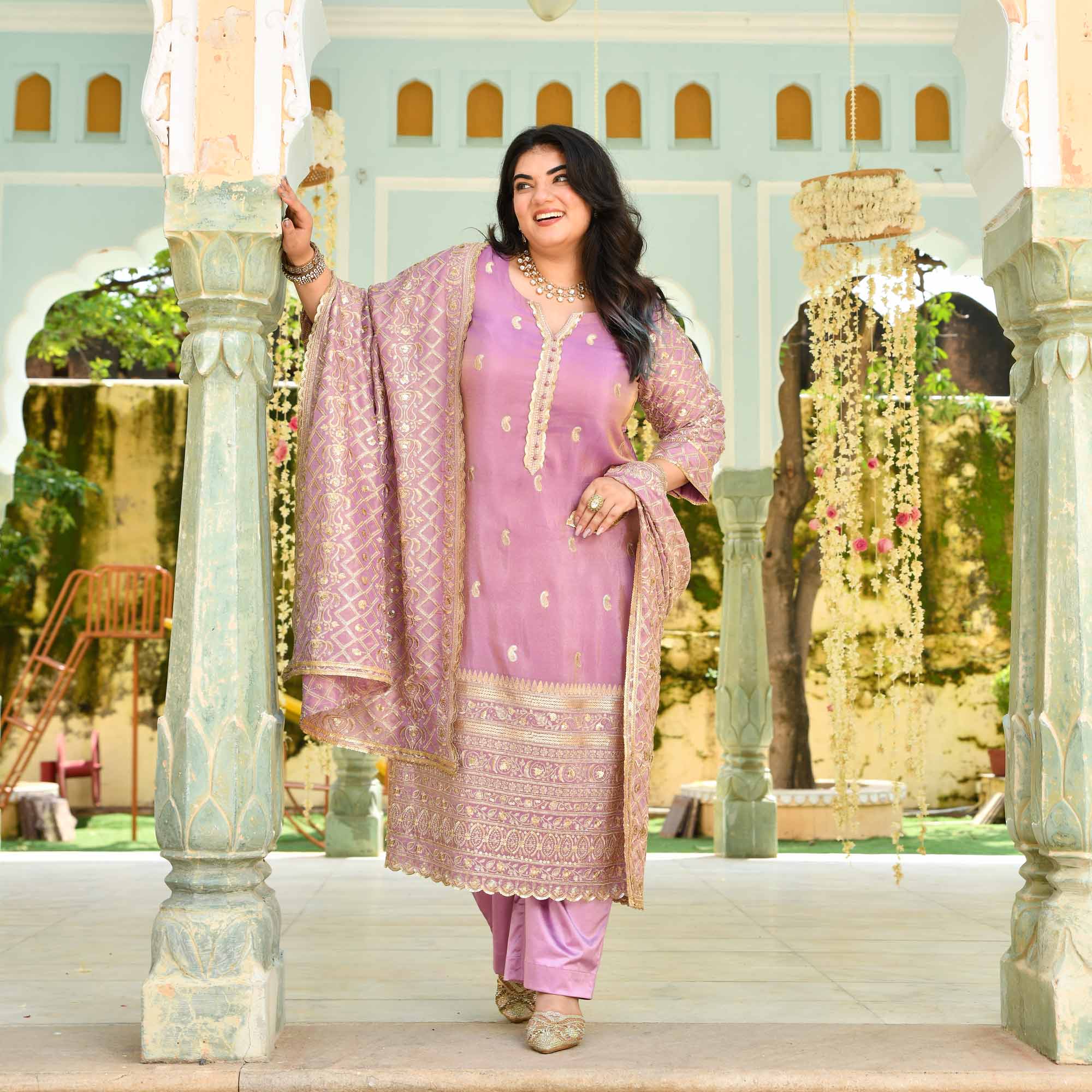 Piyu Bole- Lilac Sequin Embroidered Pure Tissue Silk Suit Set