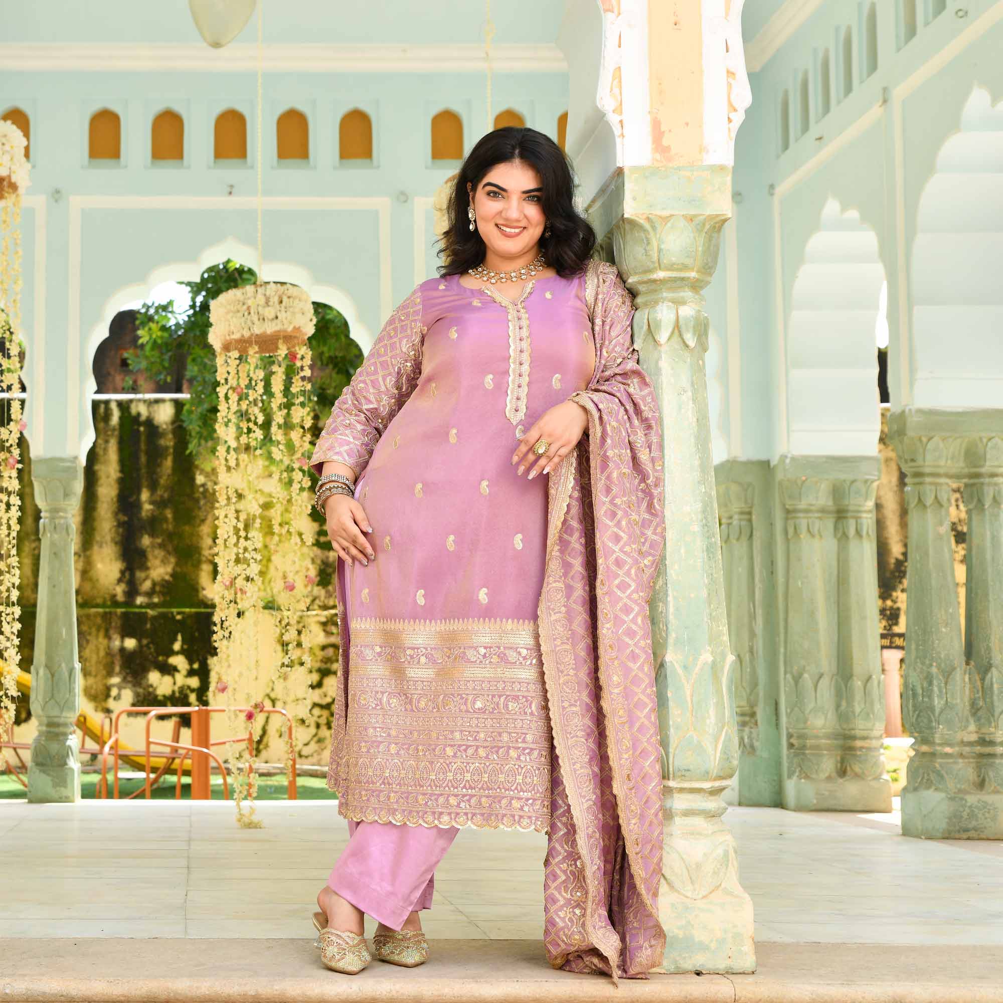 Piyu Bole- Lilac Sequin Embroidered Pure Tissue Silk Suit Set