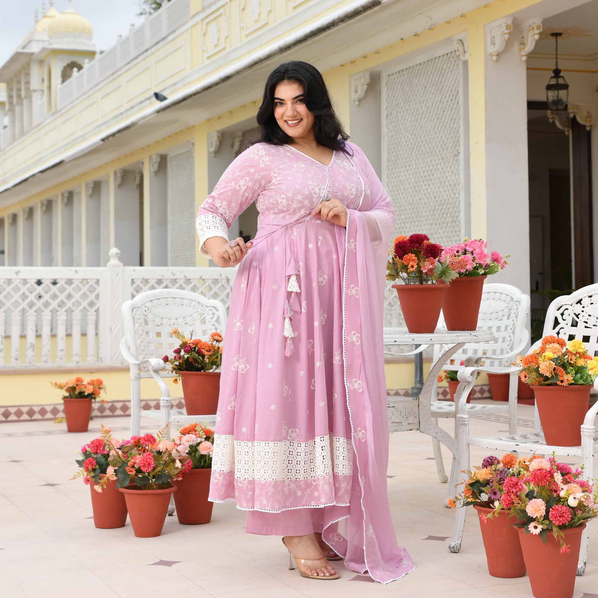 Ruhi- Soft Lilac Pure Cotton Thread Embroidered Anarkali Set