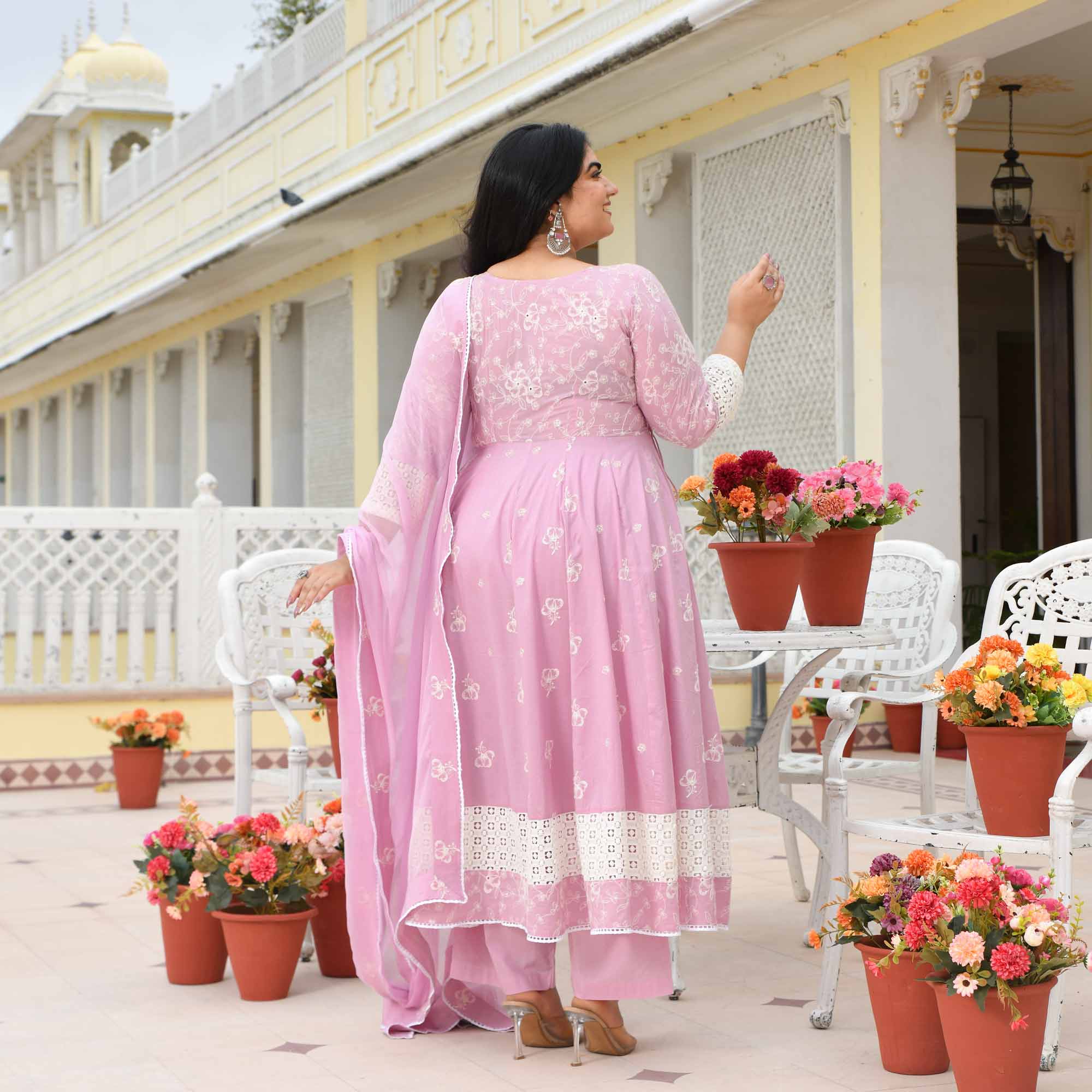 Ruhi- Soft Lilac Pure Cotton Thread Embroidered Anarkali Set