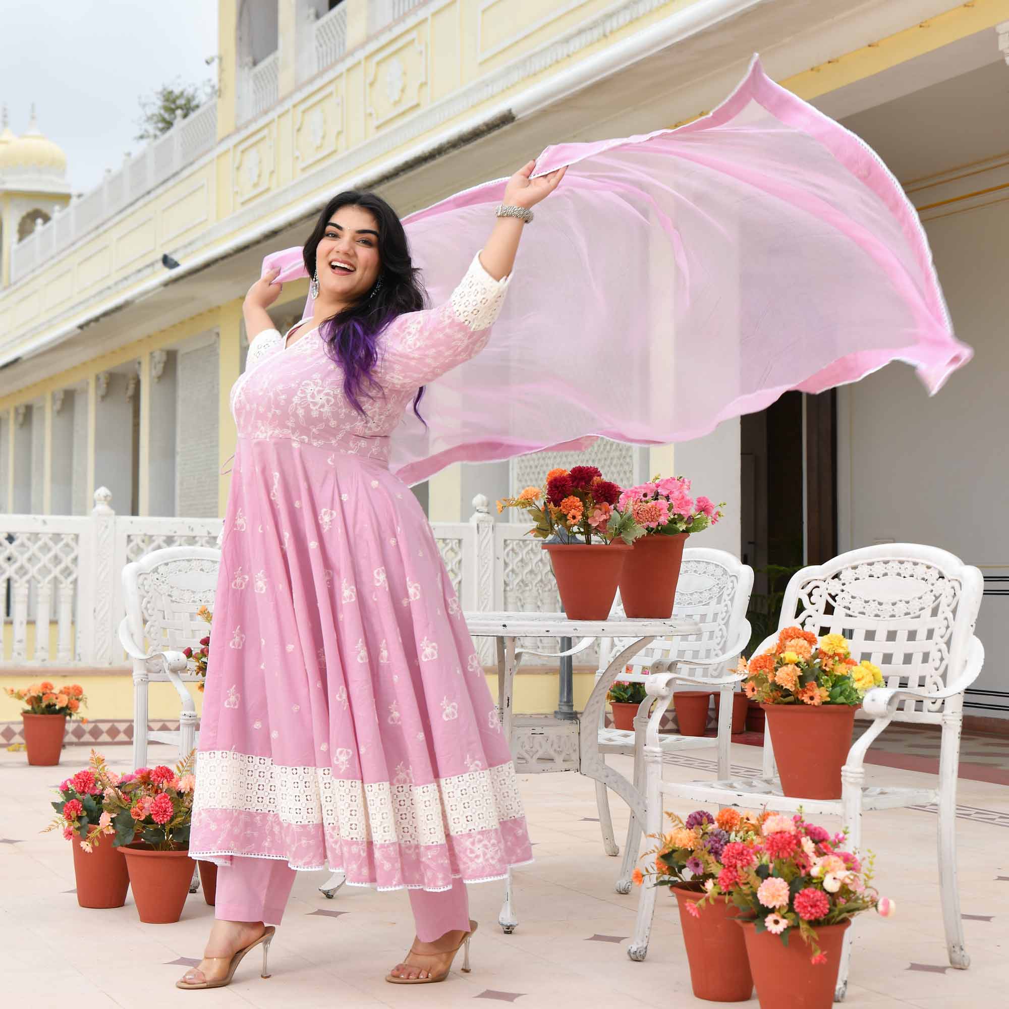 Ruhi- Soft Lilac Pure Cotton Thread Embroidered Anarkali Set