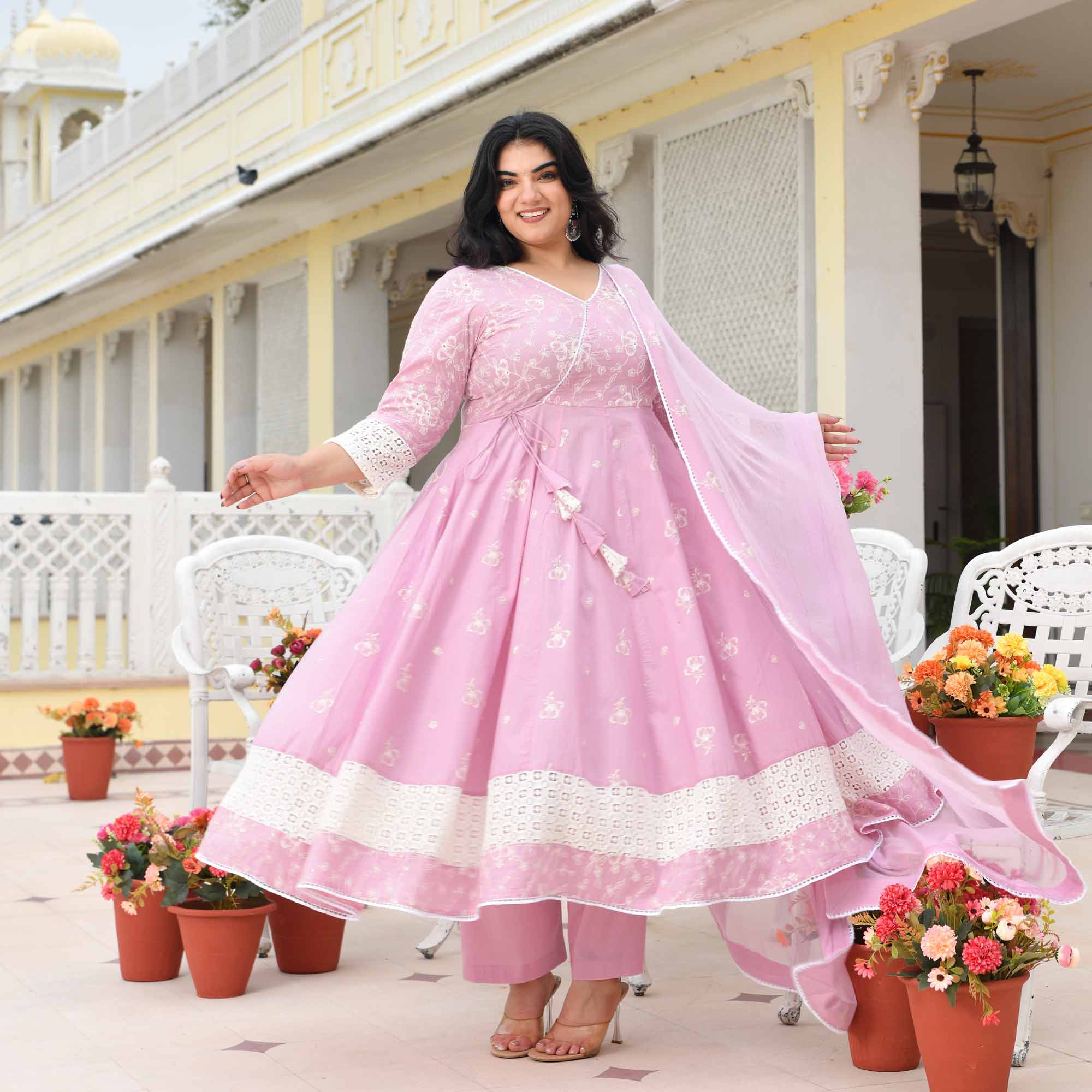 Ruhi- Soft Lilac Pure Cotton Thread Embroidered Anarkali Set