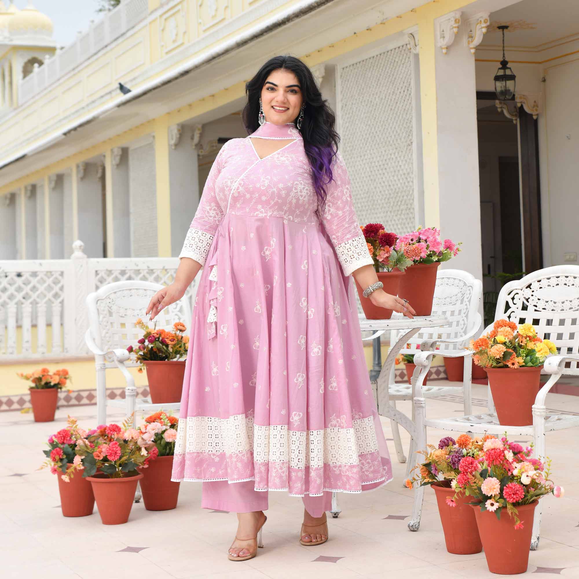 Ruhi- Soft Lilac Pure Cotton Thread Embroidered Anarkali Set