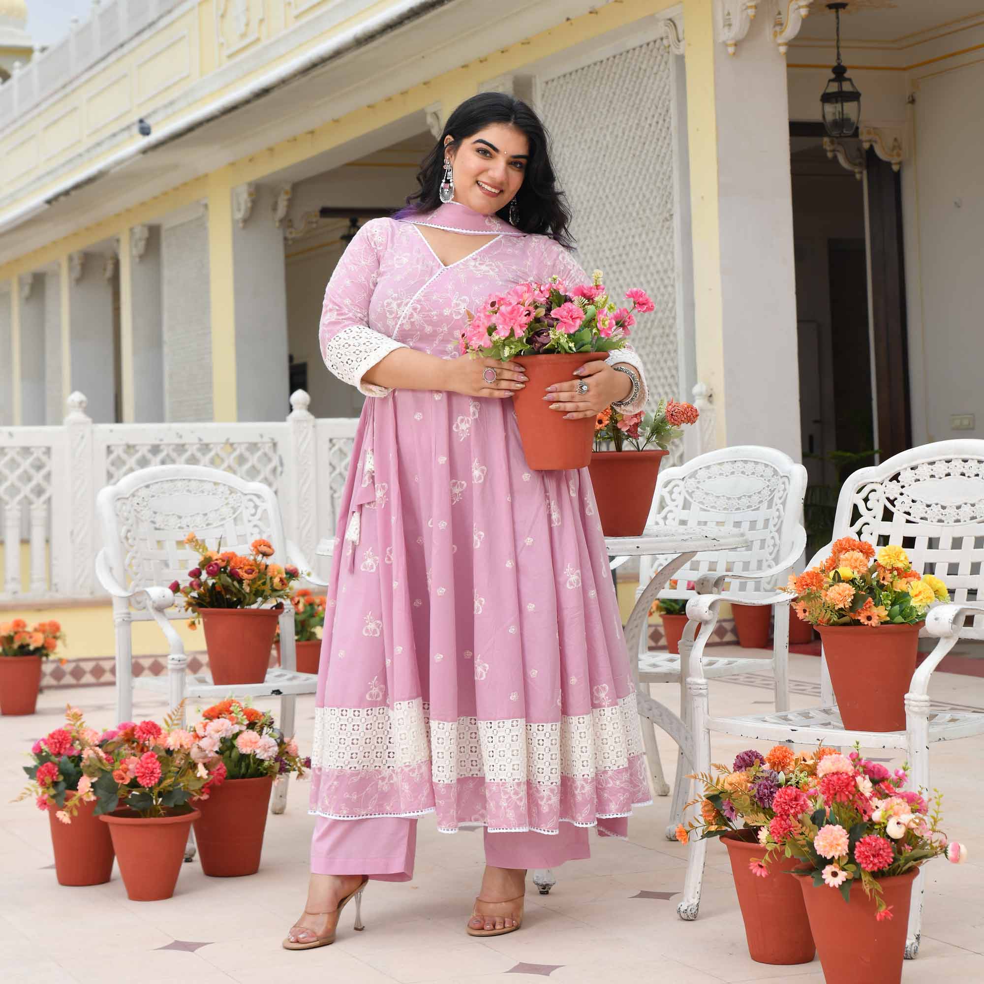 Ruhi- Soft Lilac Pure Cotton Thread Embroidered Anarkali Set