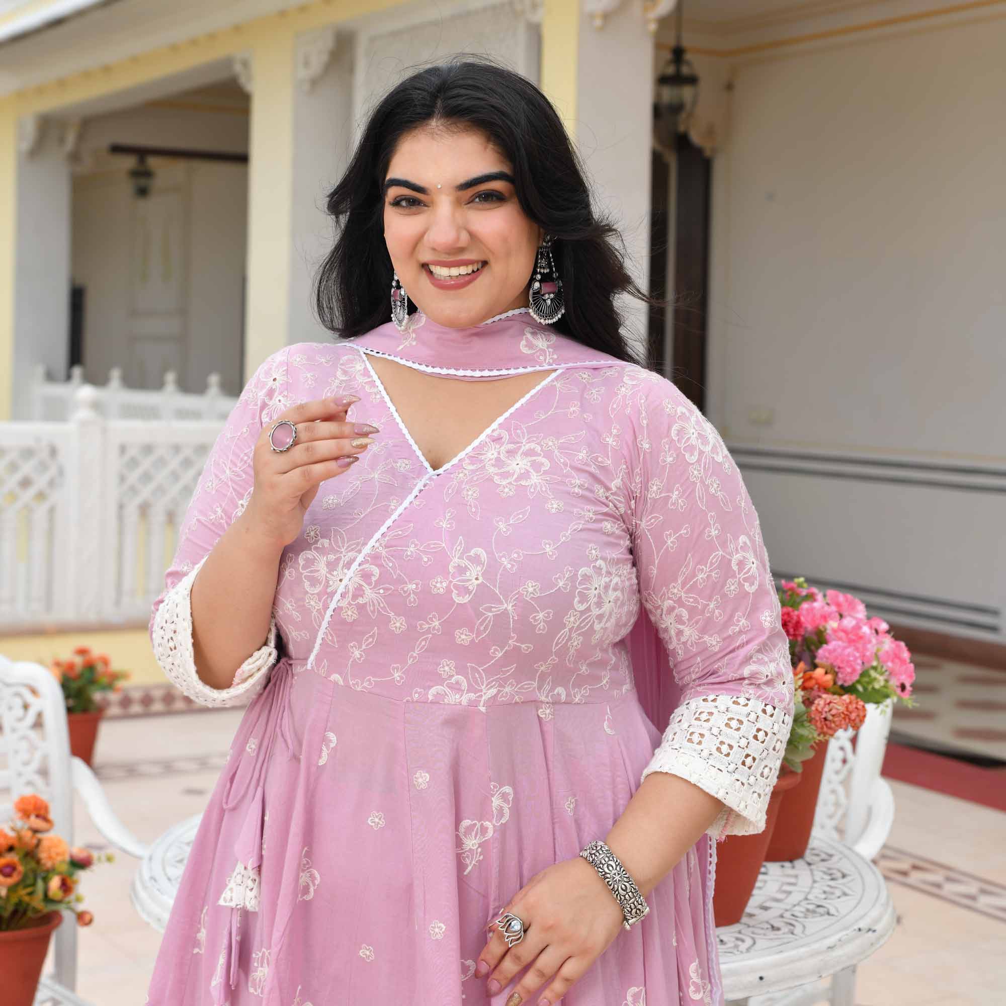 Ruhi- Soft Lilac Pure Cotton Thread Embroidered Anarkali Set
