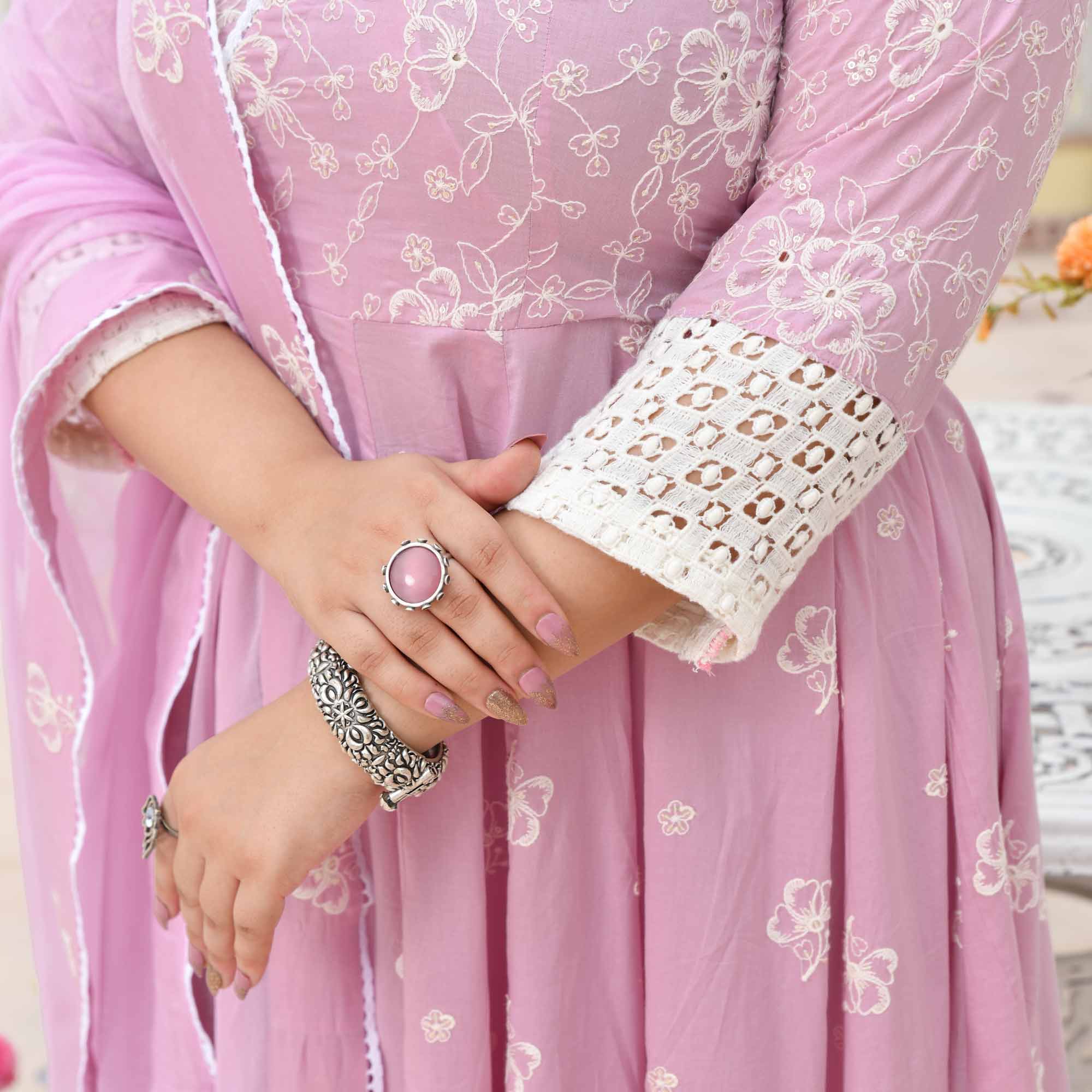 Ruhi- Soft Lilac Pure Cotton Thread Embroidered Anarkali Set