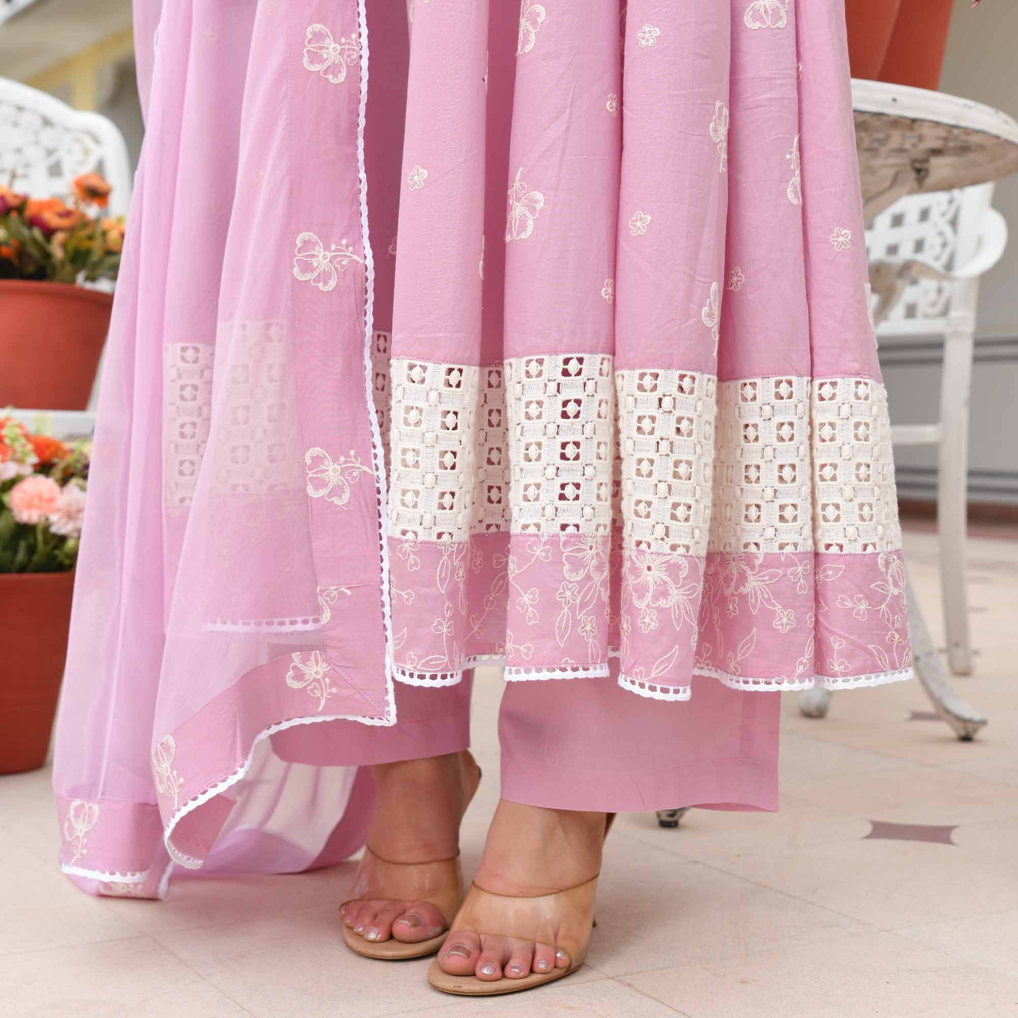 Ruhi- Soft Lilac Pure Cotton Thread Embroidered Anarkali Set