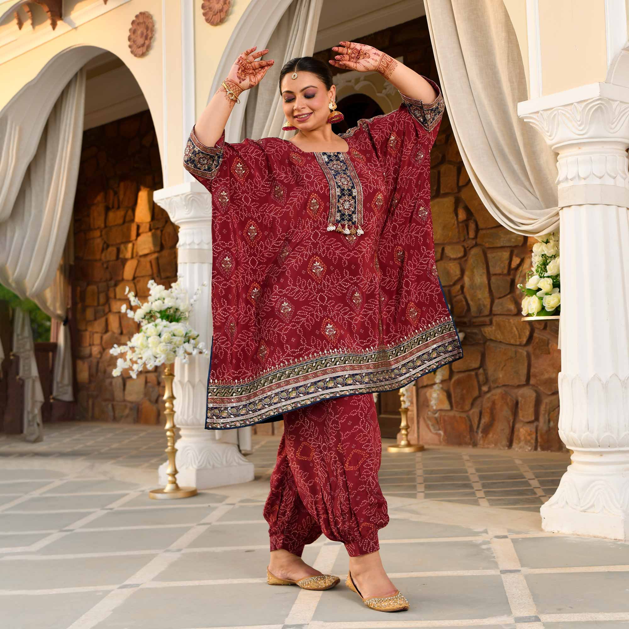 Mehrangarh- Deep Maroon Fusion Bandhani Pure Crepe Co-Ord Set