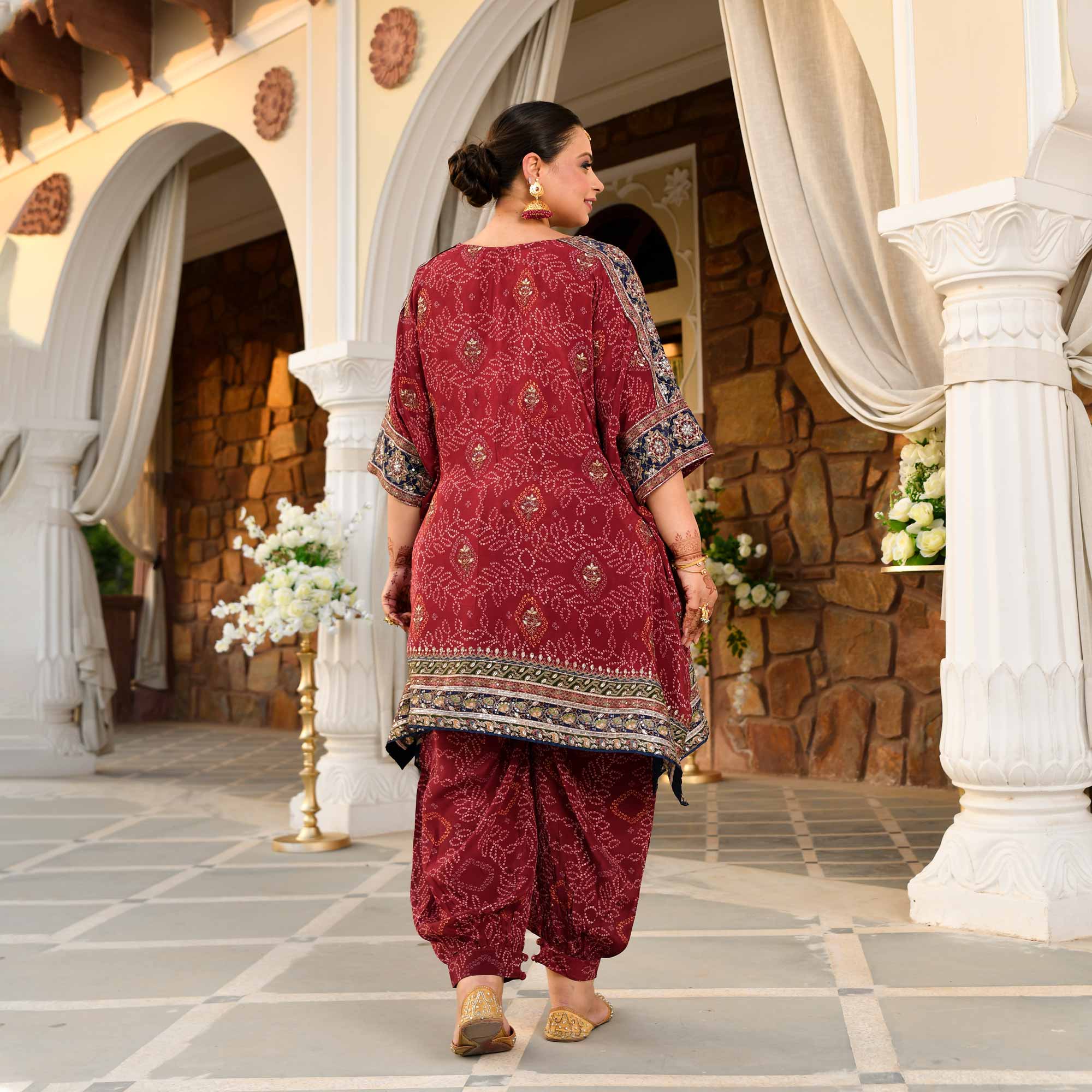 Mehrangarh- Deep Maroon Fusion Bandhani Pure Crepe Co-Ord Set