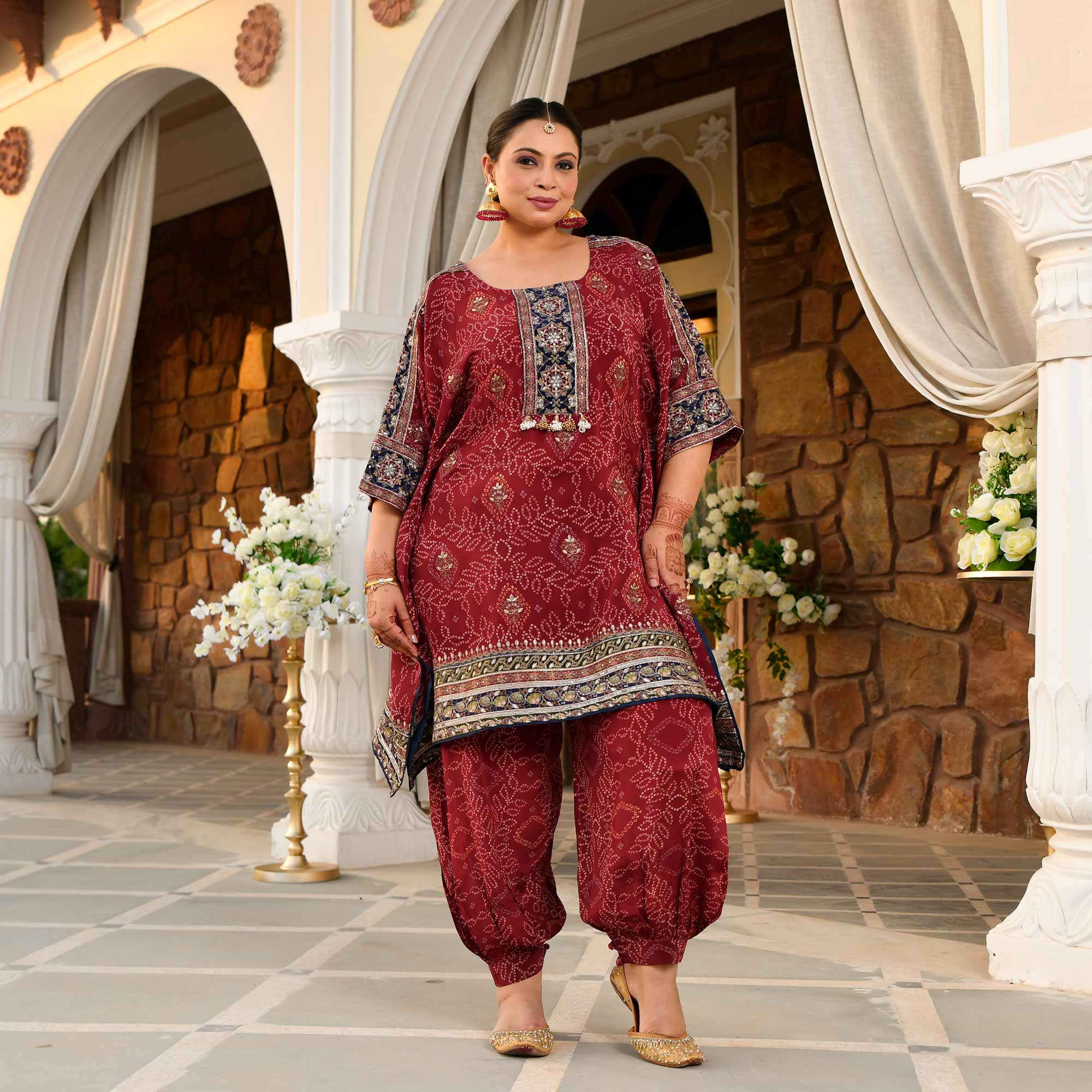 Mehrangarh- Deep Maroon Fusion Bandhani Pure Crepe Co-Ord Set