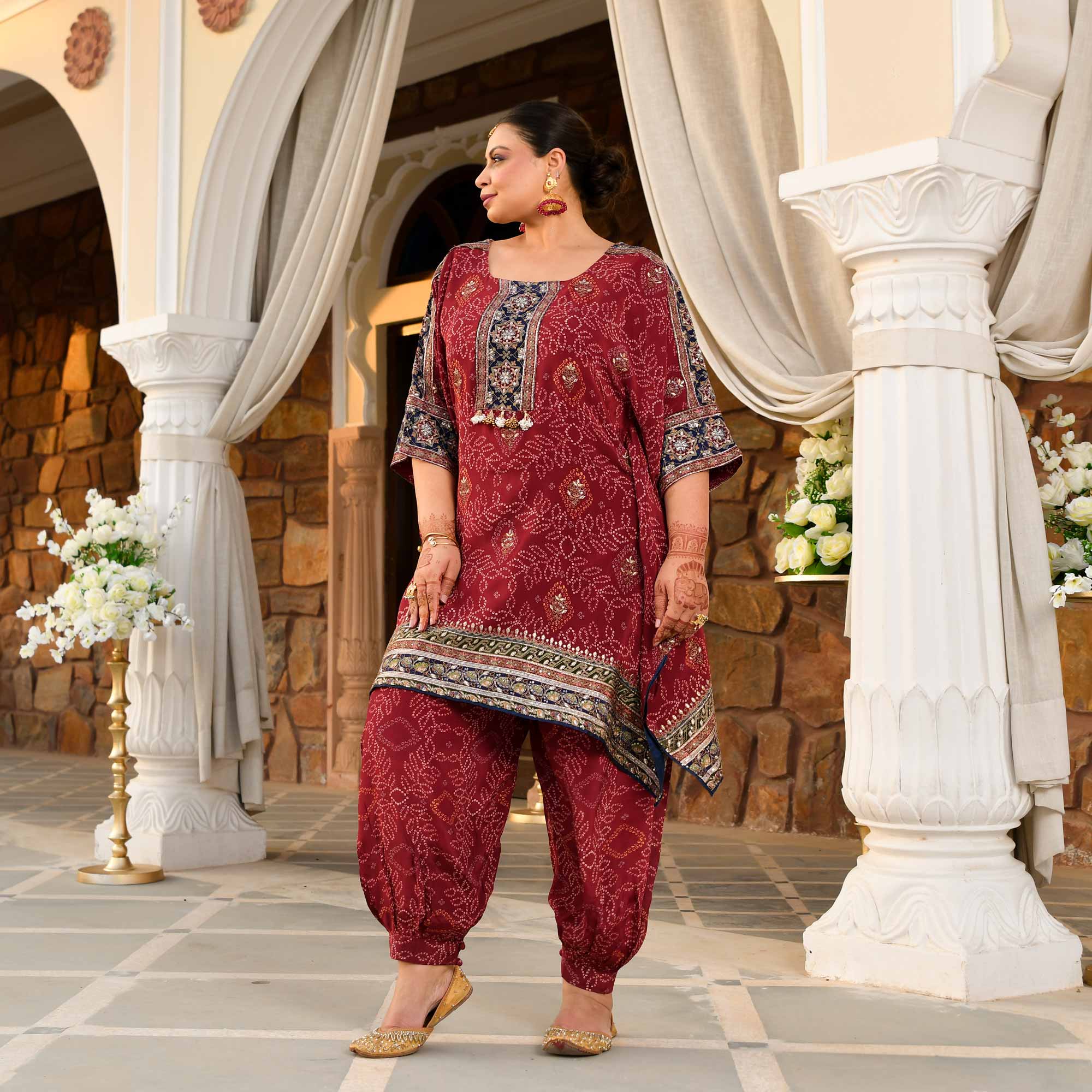 Mehrangarh- Deep Maroon Fusion Bandhani Pure Crepe Co-Ord Set