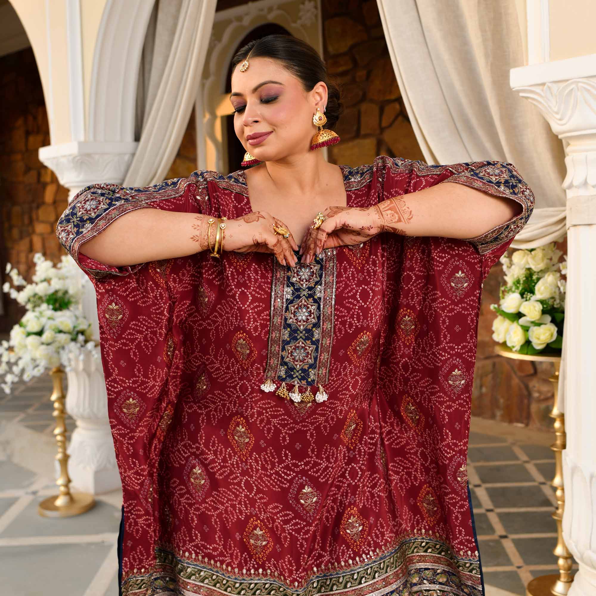 Mehrangarh- Deep Maroon Fusion Bandhani Pure Crepe Co-Ord Set