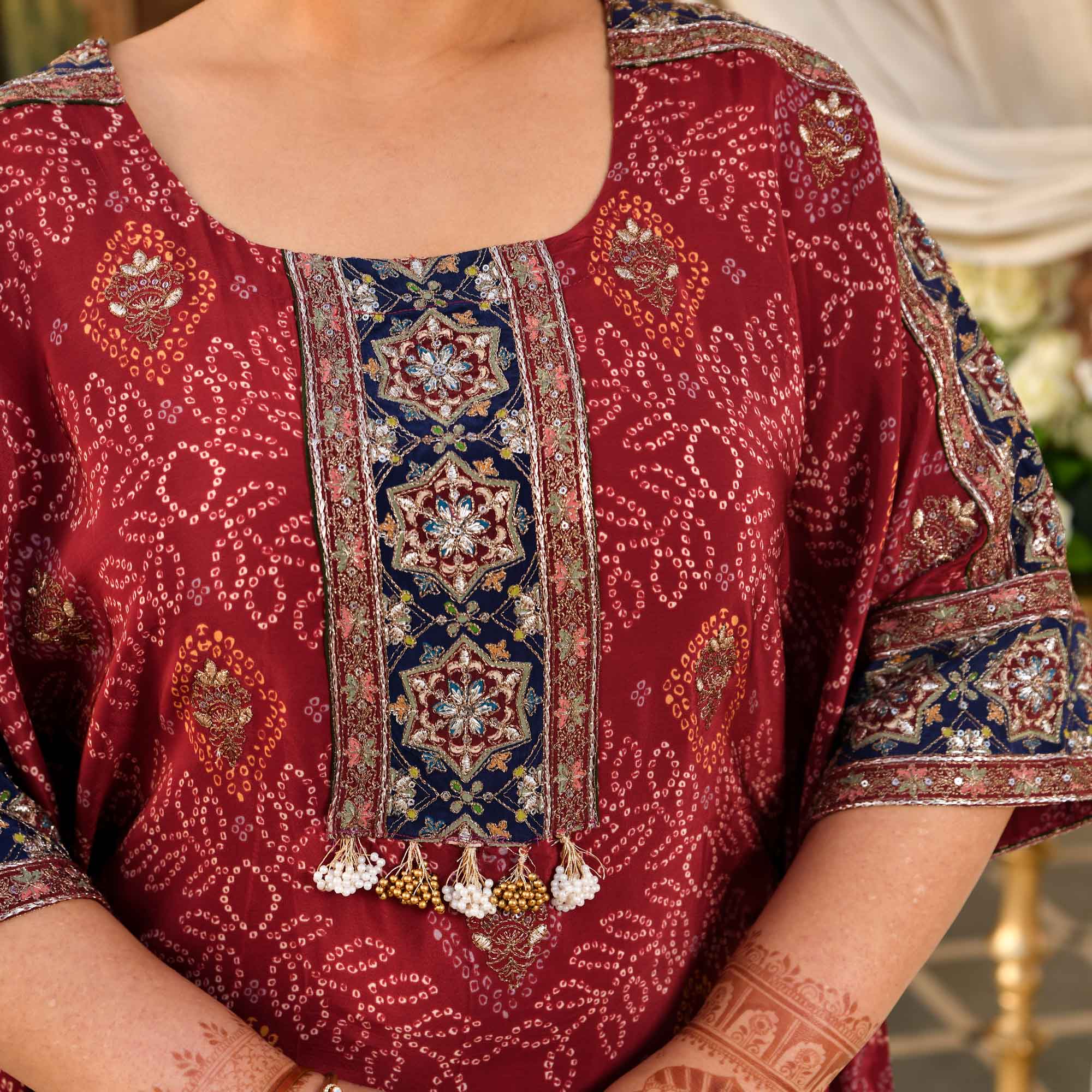 Mehrangarh- Deep Maroon Fusion Bandhani Pure Crepe Co-Ord Set