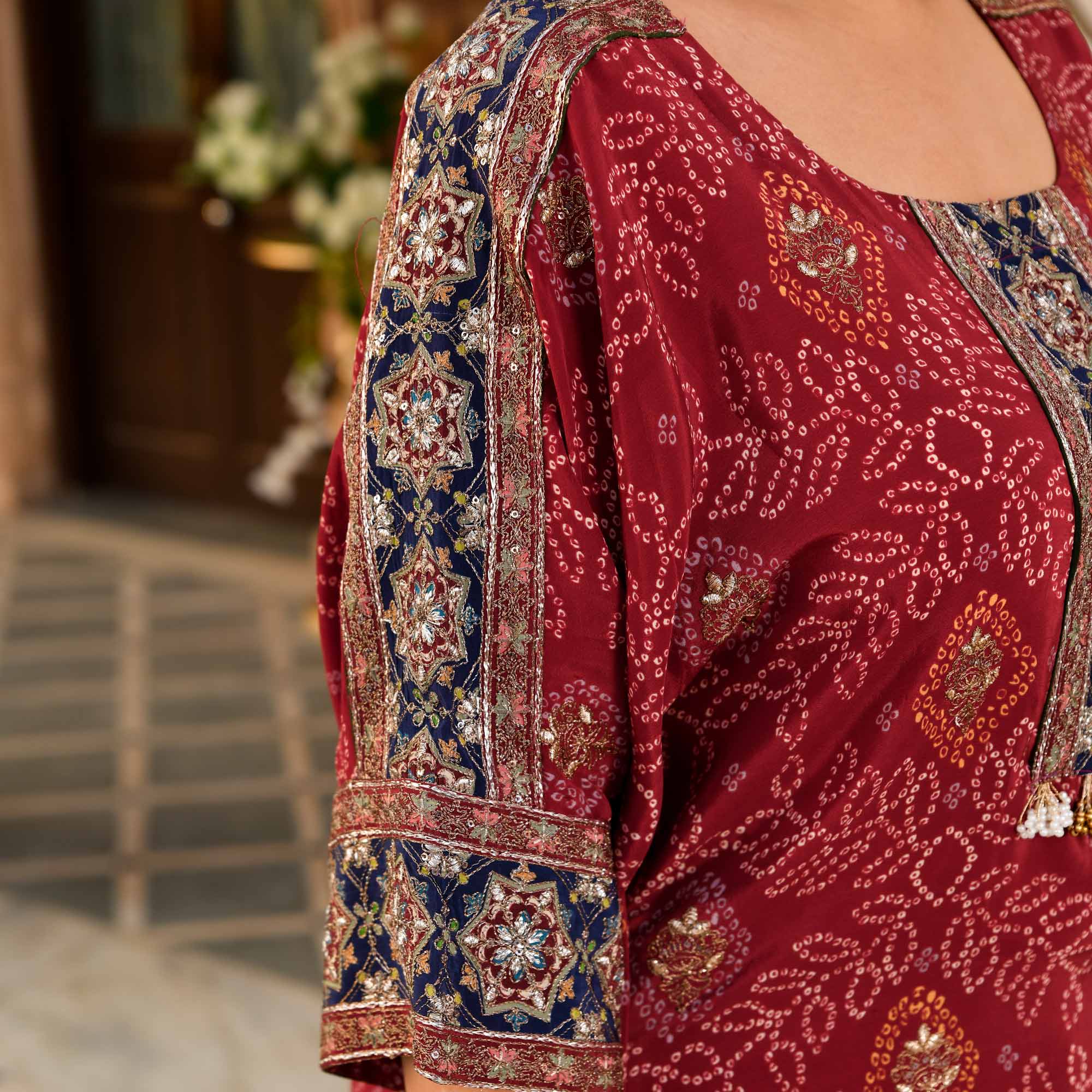 Mehrangarh- Deep Maroon Fusion Bandhani Pure Crepe Co-Ord Set