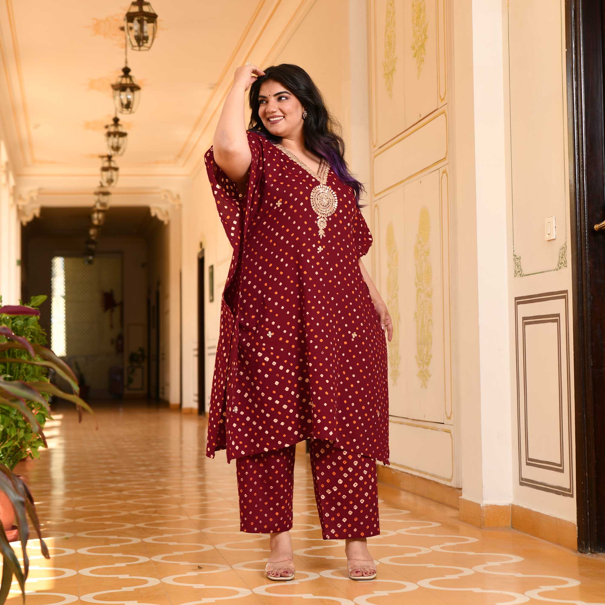 Legacy Bandhani Gota-Patti Handblock Pure Cotton Kaftan Set | The Plus Size Store