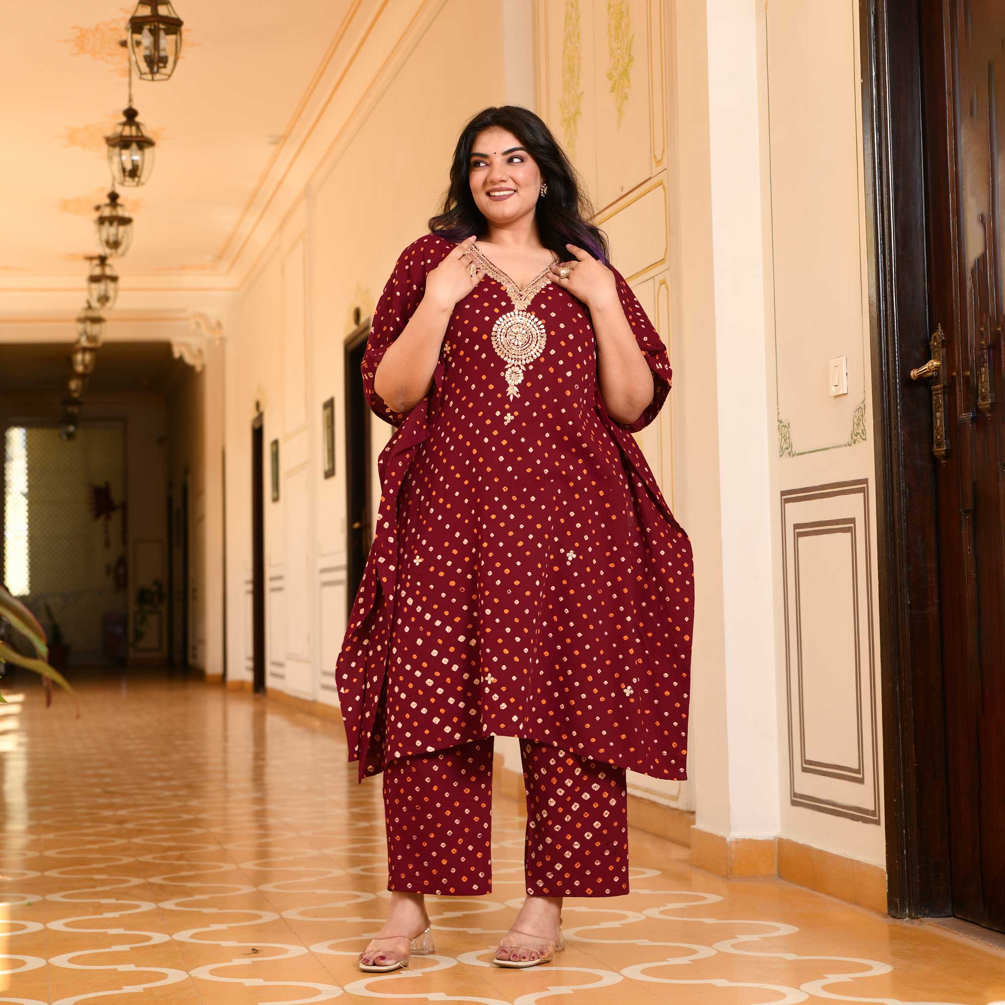 Legacy Bandhani Gota-Patti Handblock Pure Cotton Kaftan Set | The Plus Size Store