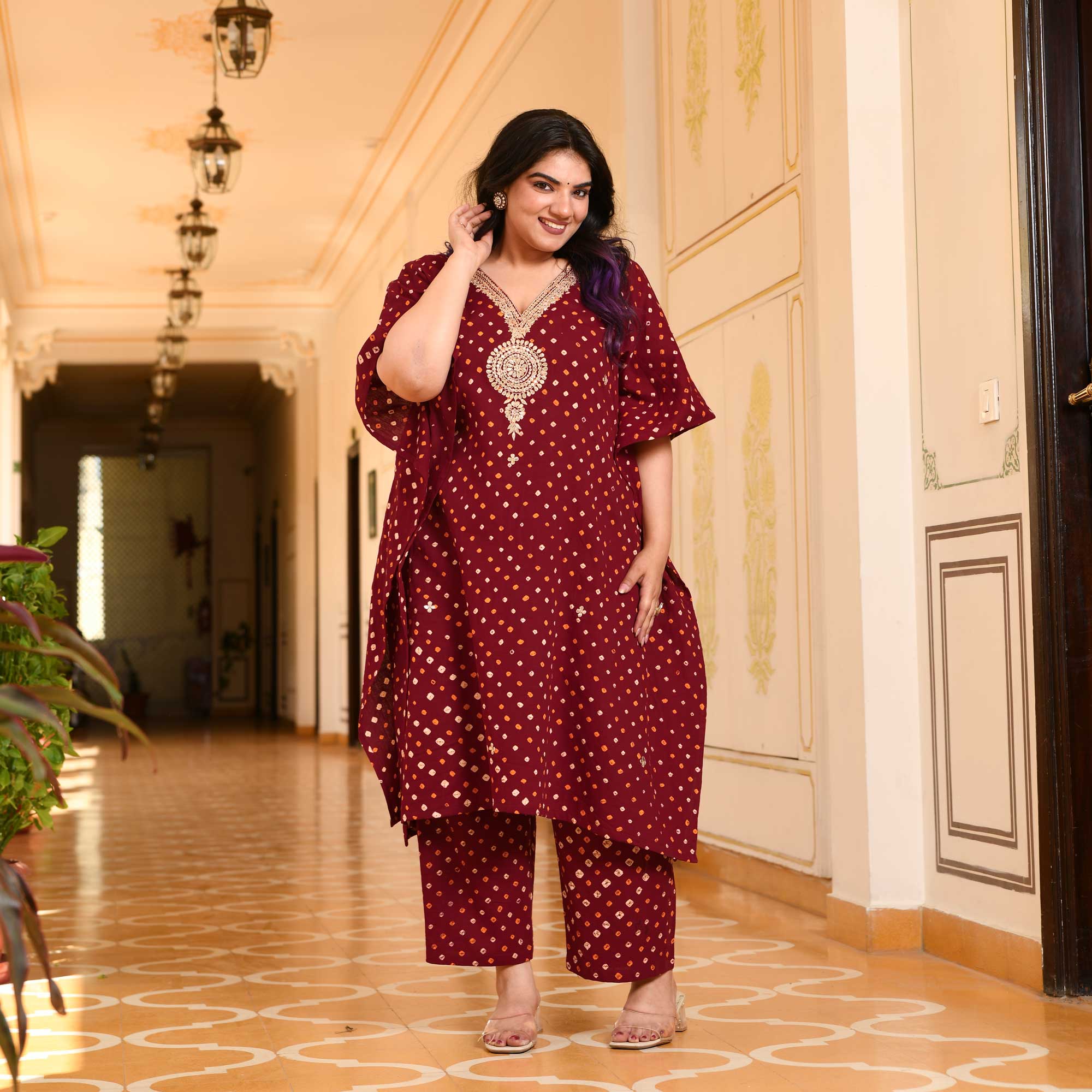 Legacy Bandhani Gota-Patti Handblock Pure Cotton Kaftan Set | The Plus Size Store