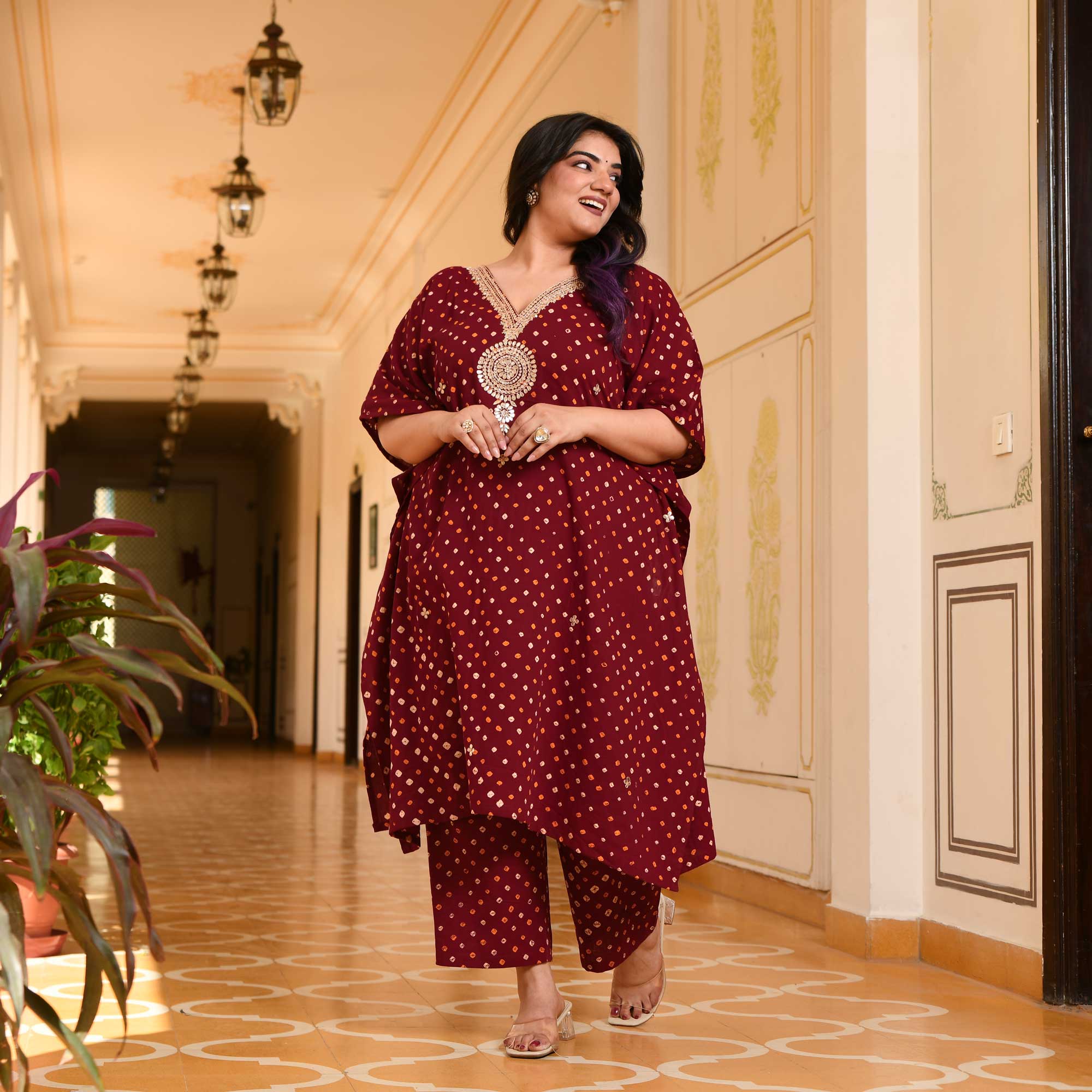 Legacy Bandhani Gota-Patti Handblock Pure Cotton Kaftan Set | The Plus Size Store