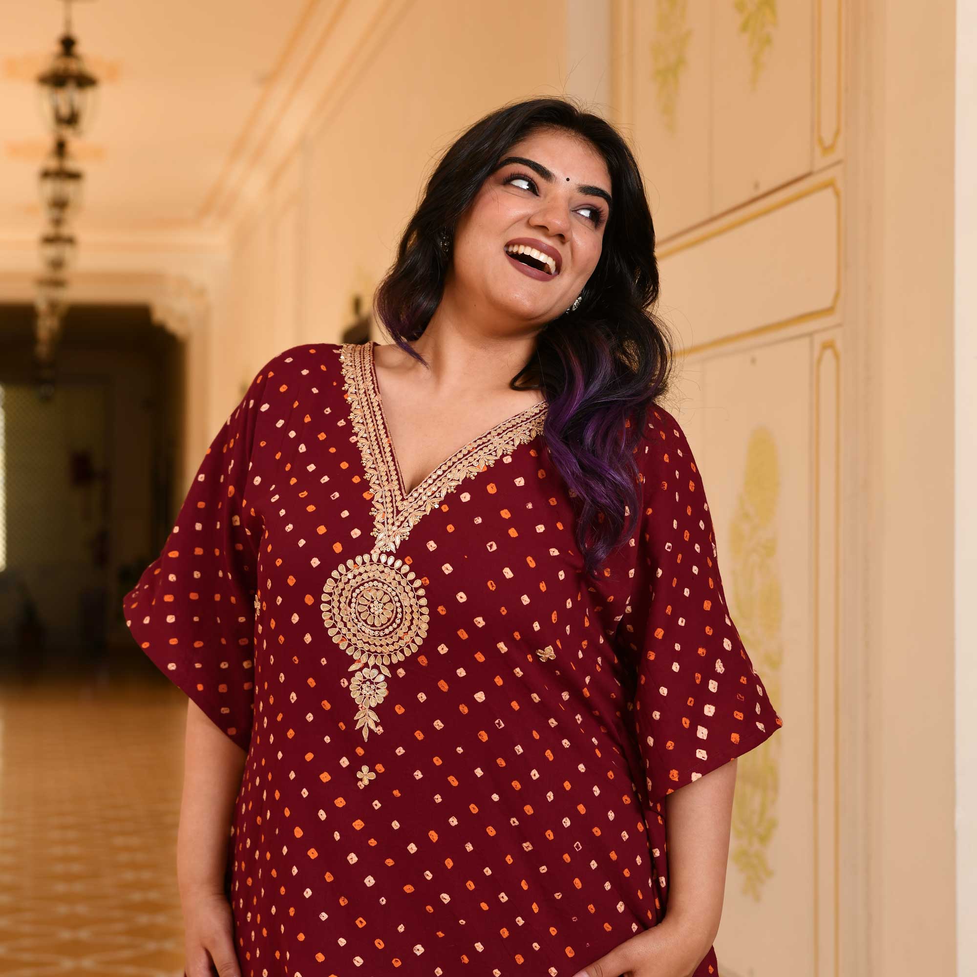 Legacy Bandhani Gota-Patti Handblock Pure Cotton Kaftan Set | The Plus Size Store