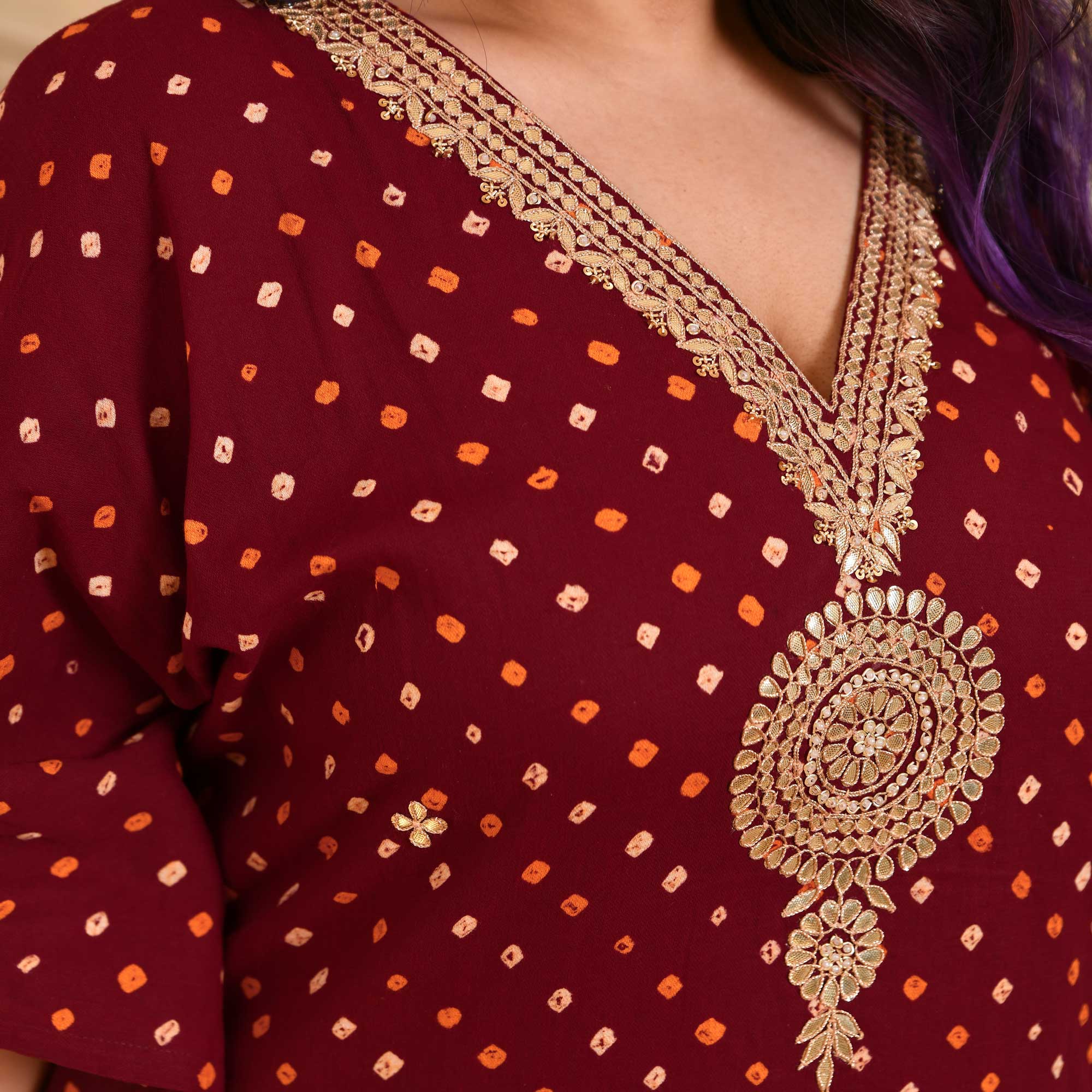 Legacy Bandhani Gota-Patti Handblock Pure Cotton Kaftan Set | The Plus Size Store