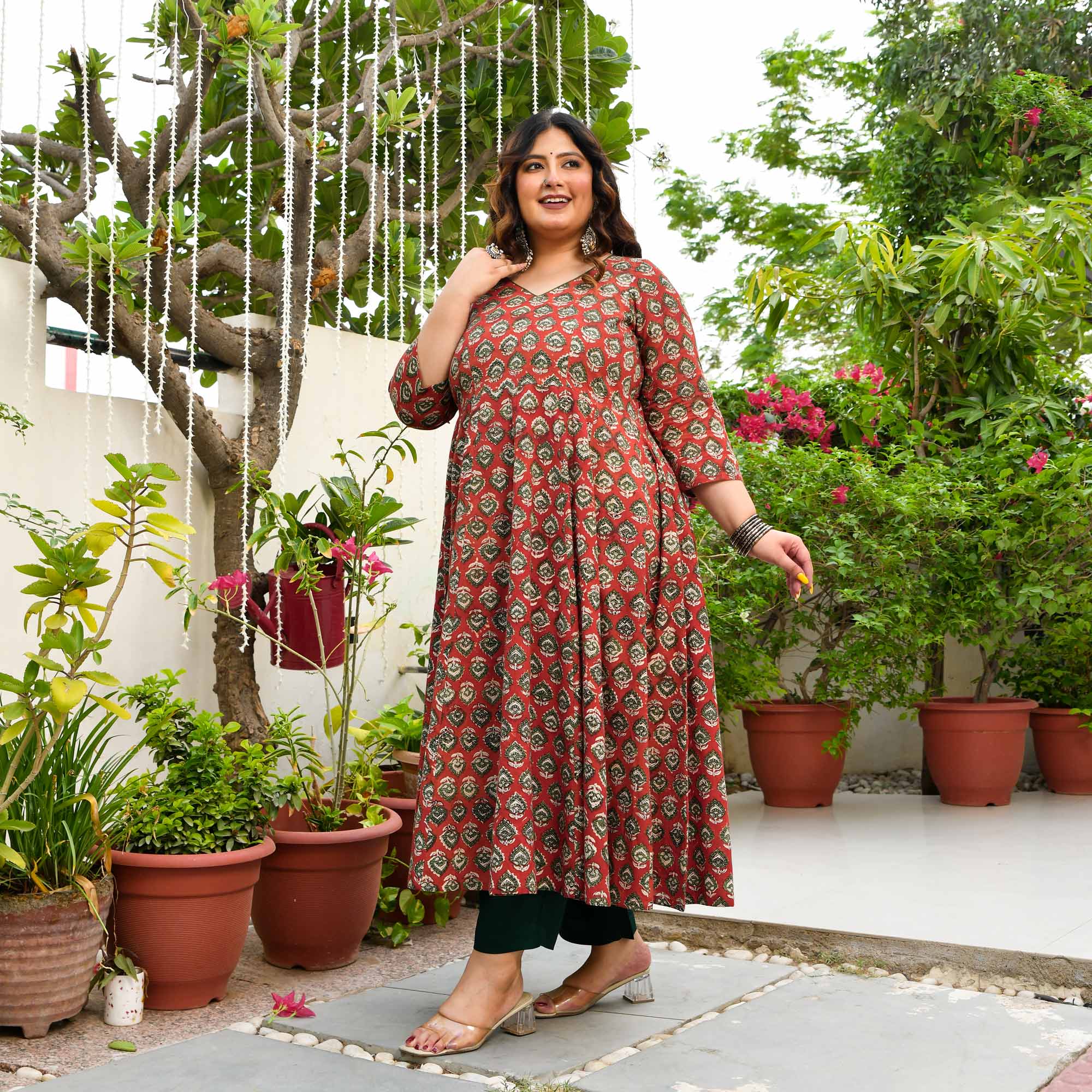 Chameli- Maroon Butta Handblock Printed Pure Cotton Anarkali Set