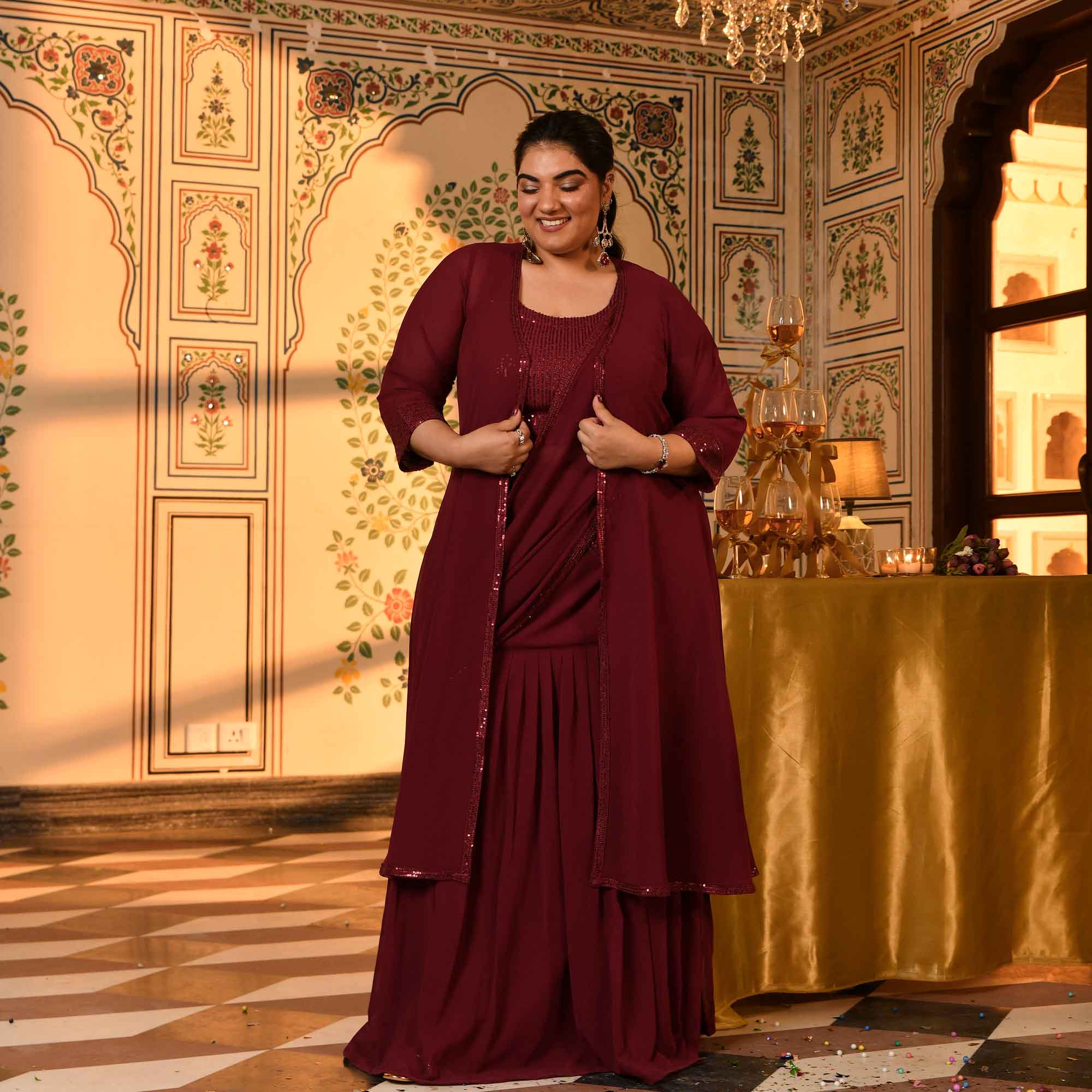 Jack Rose- Maroon Sequin Embellished Drape Saree Set with Cape