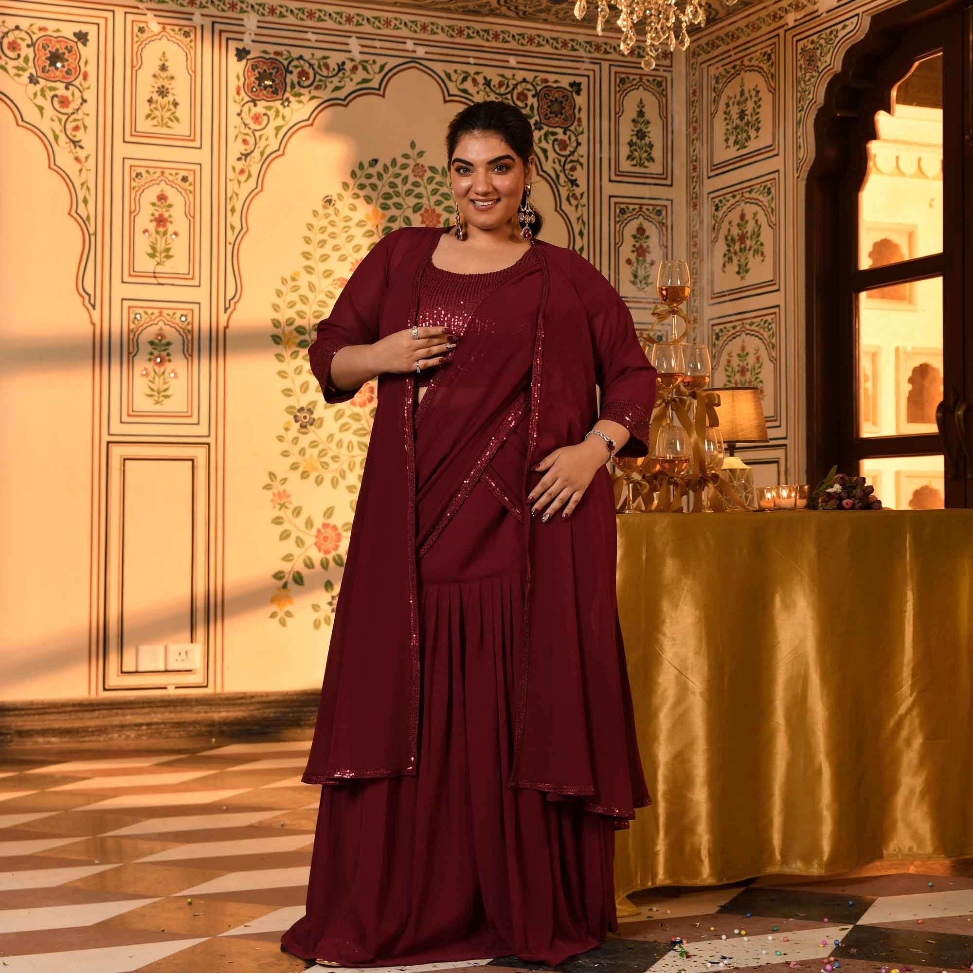 Jack Rose- Maroon Sequin Embellished Drape Saree Set with Cape