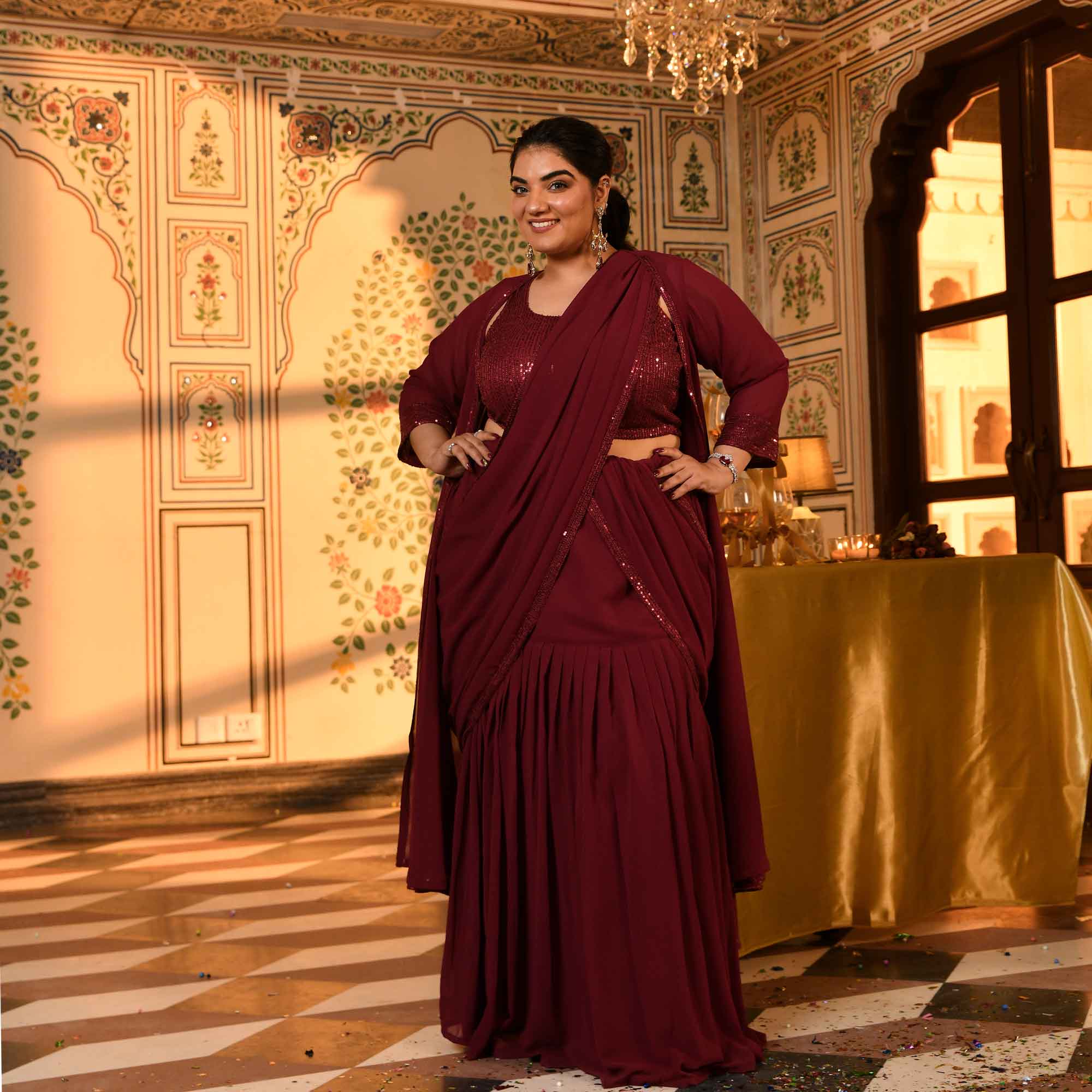 Jack Rose- Maroon Sequin Embellished Drape Saree Set with Cape