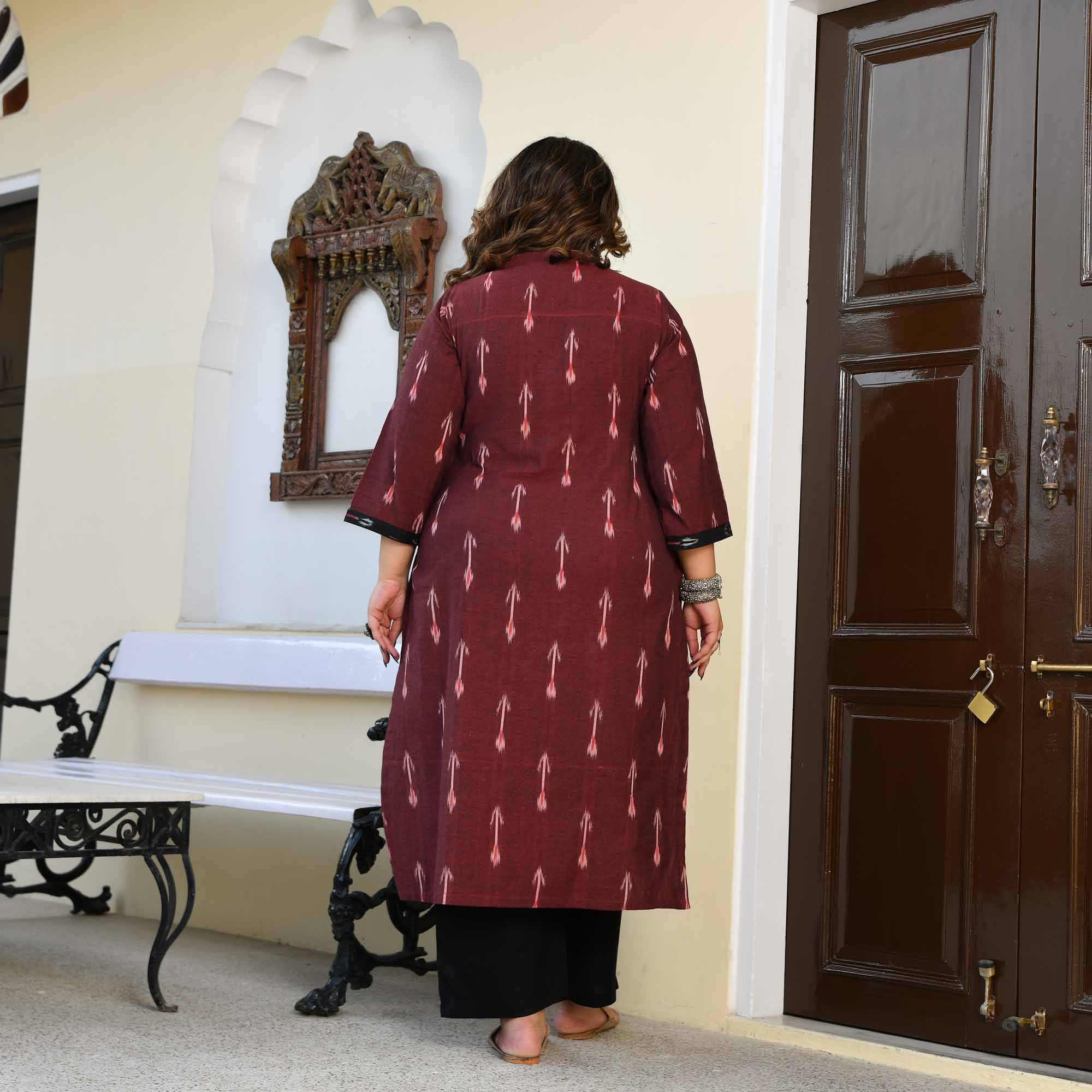 Pankh- Deep Maroon Ikat Handwoven Organic Cotton Kurta