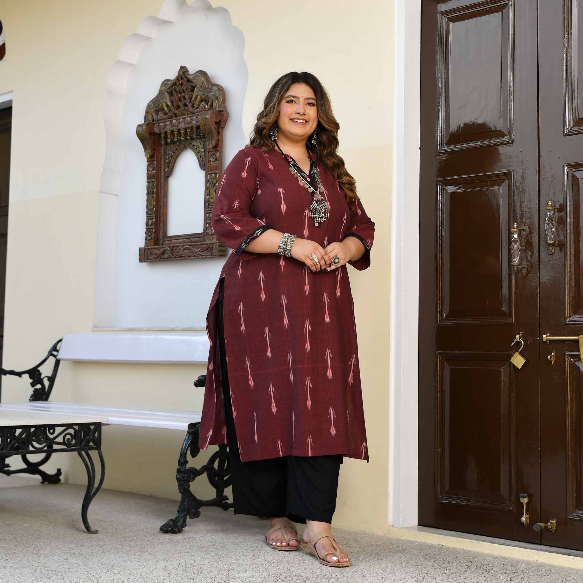 Pankh- Deep Maroon Ikat Handwoven Organic Cotton Kurta