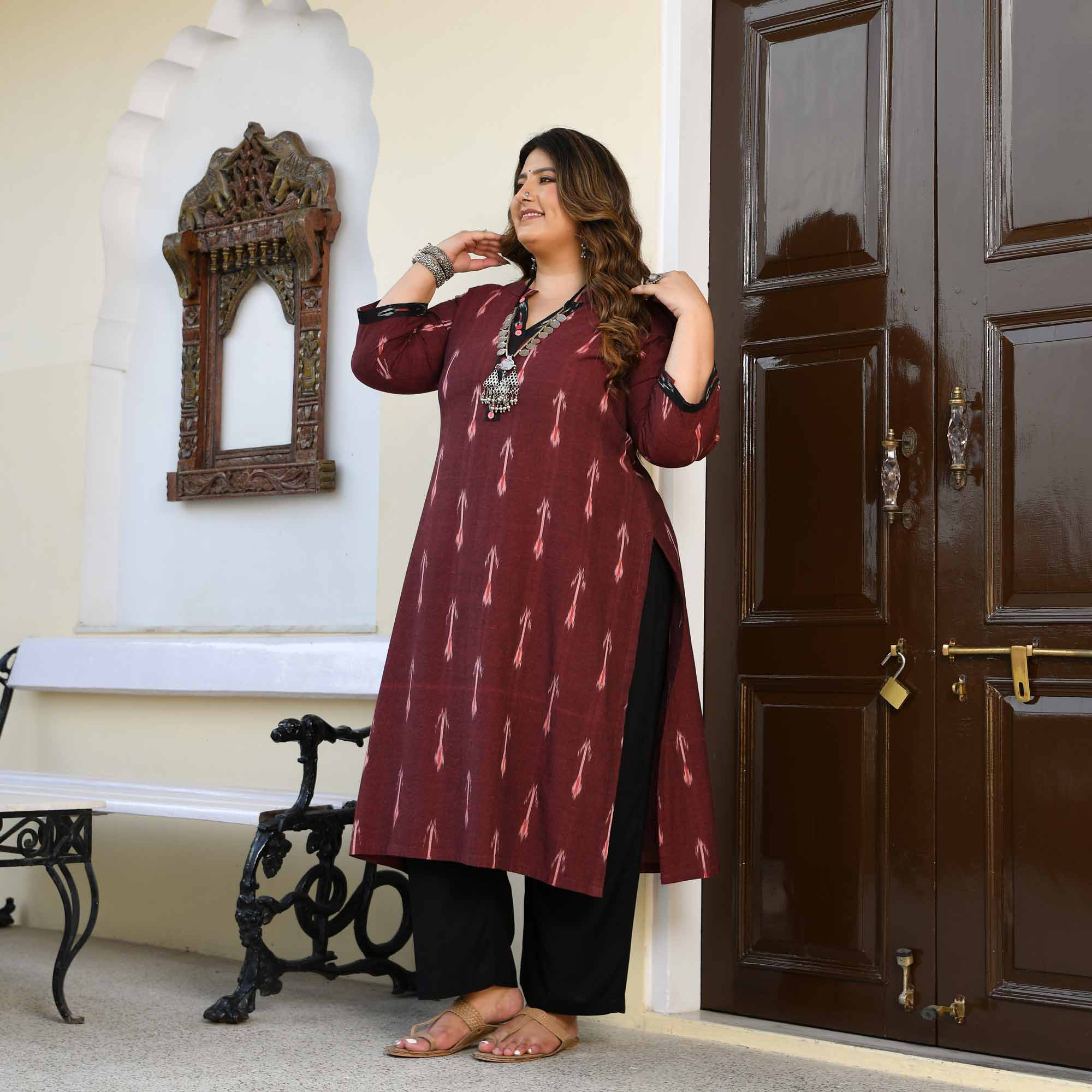 Pankh- Deep Maroon Ikat Handwoven Organic Cotton Kurta