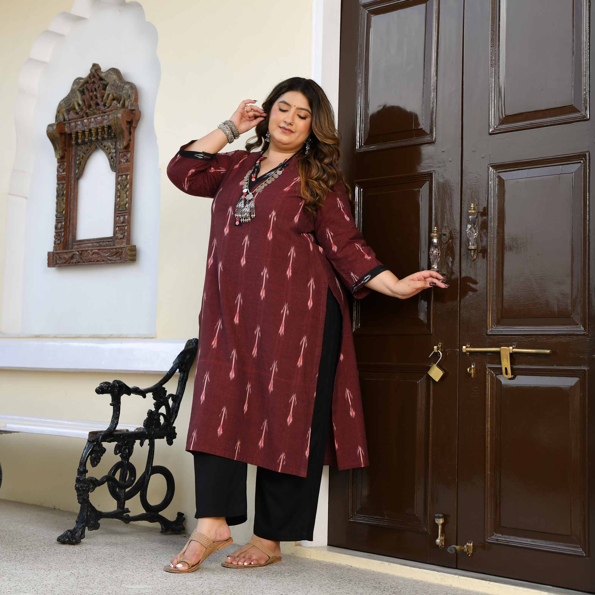 Pankh- Deep Maroon Ikat Handwoven Organic Cotton Kurta