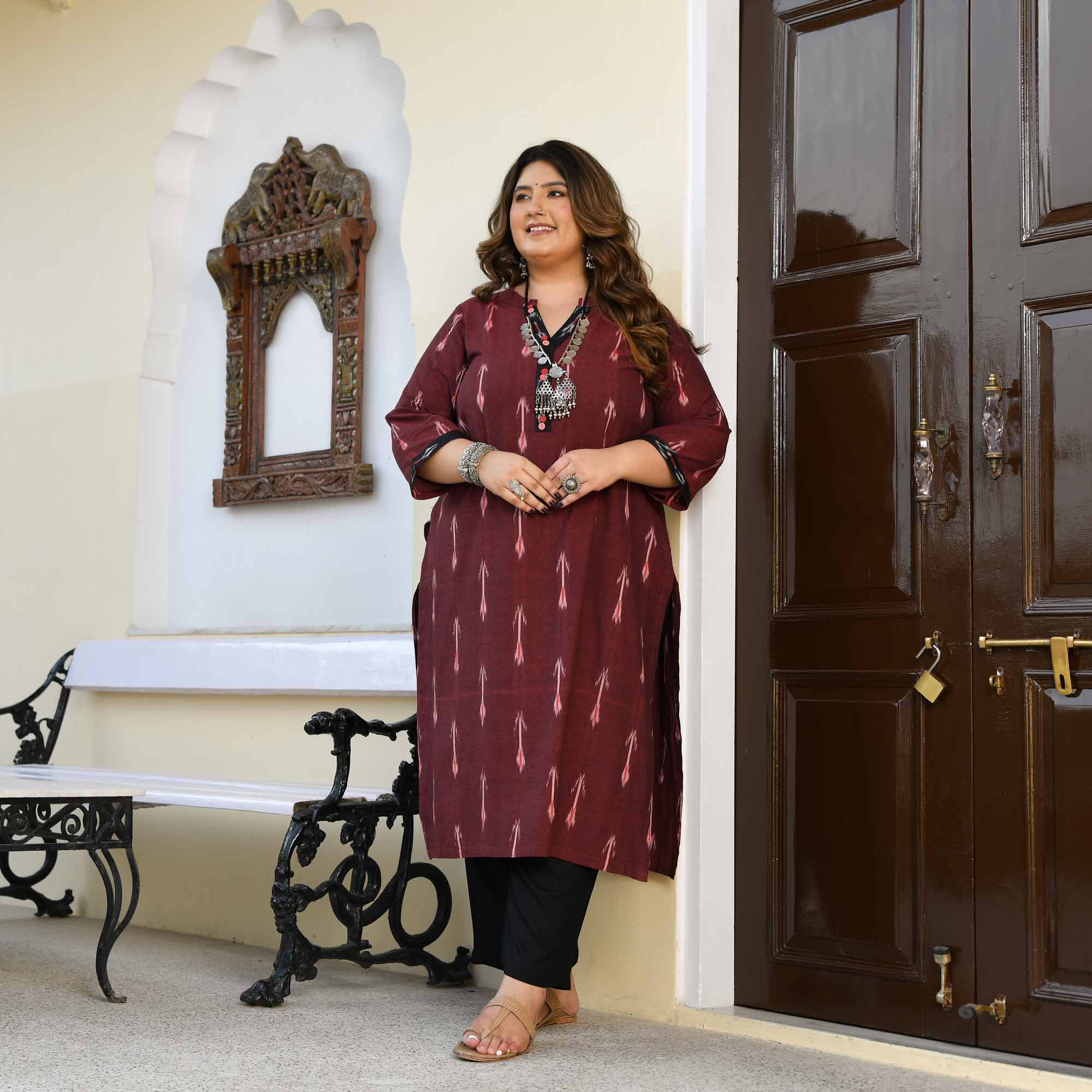 Pankh- Deep Maroon Ikat Handwoven Organic Cotton Kurta