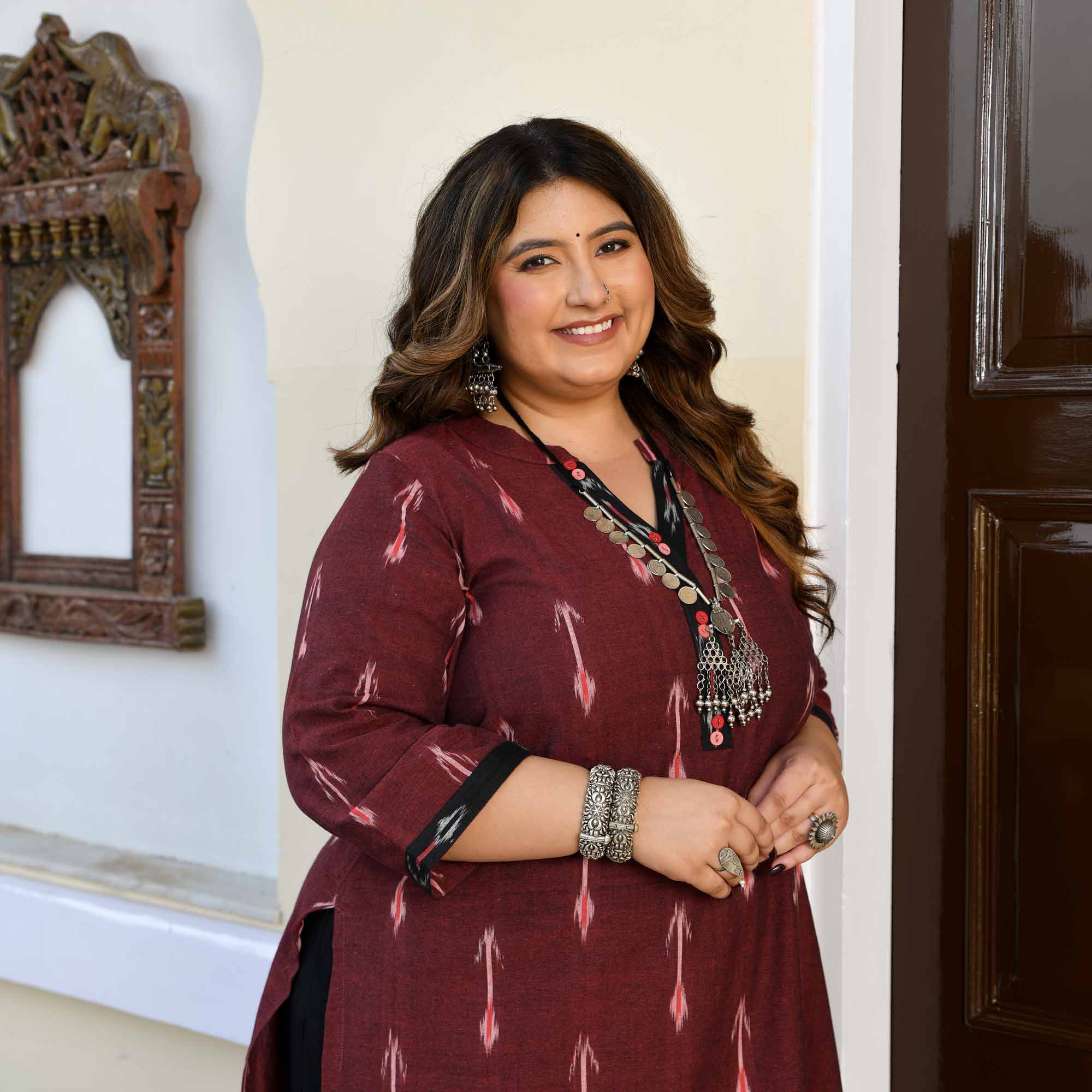 Pankh- Deep Maroon Ikat Handwoven Organic Cotton Kurta