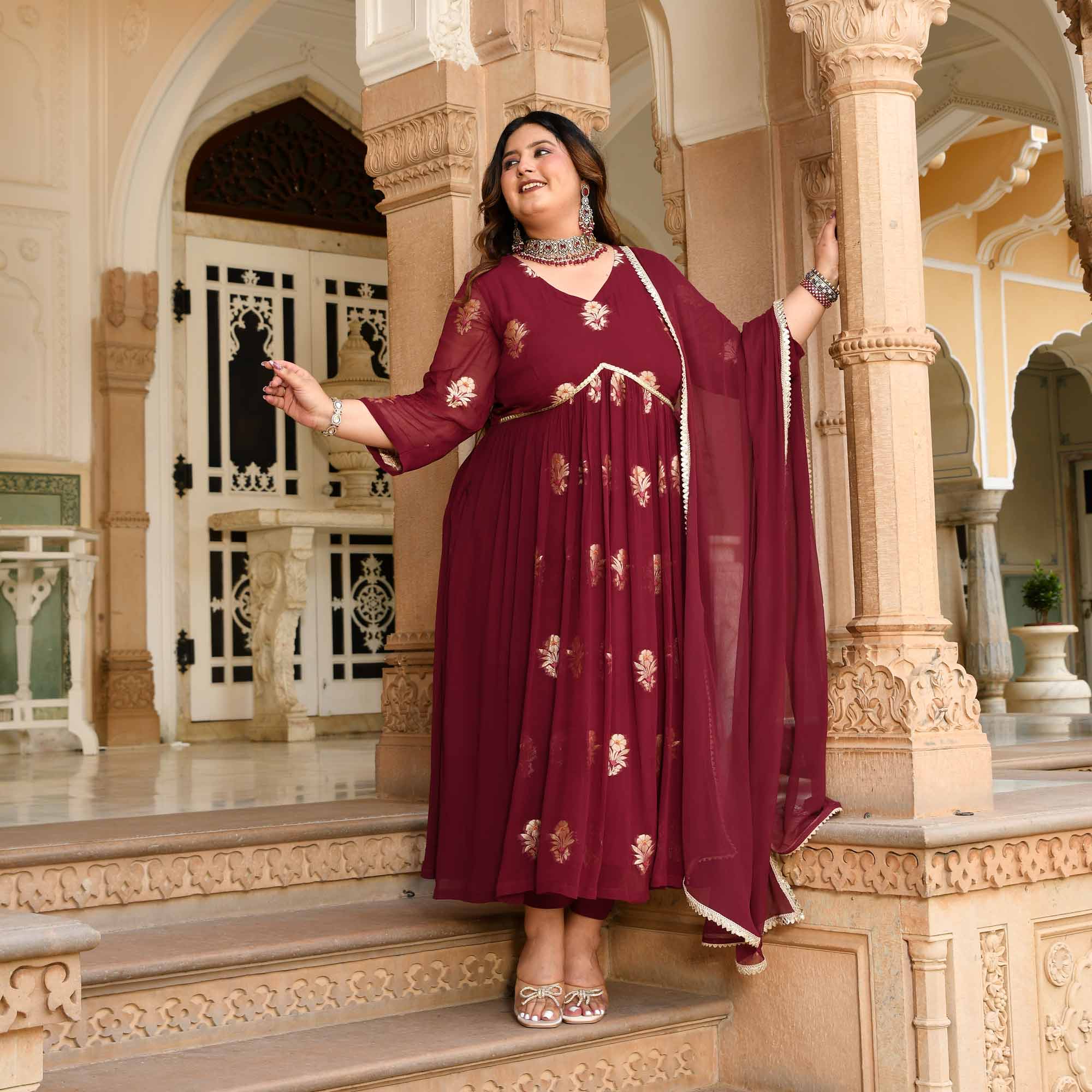 Aalta - Maroon Banarasi Pure Georgette Alia Cut Suit Set