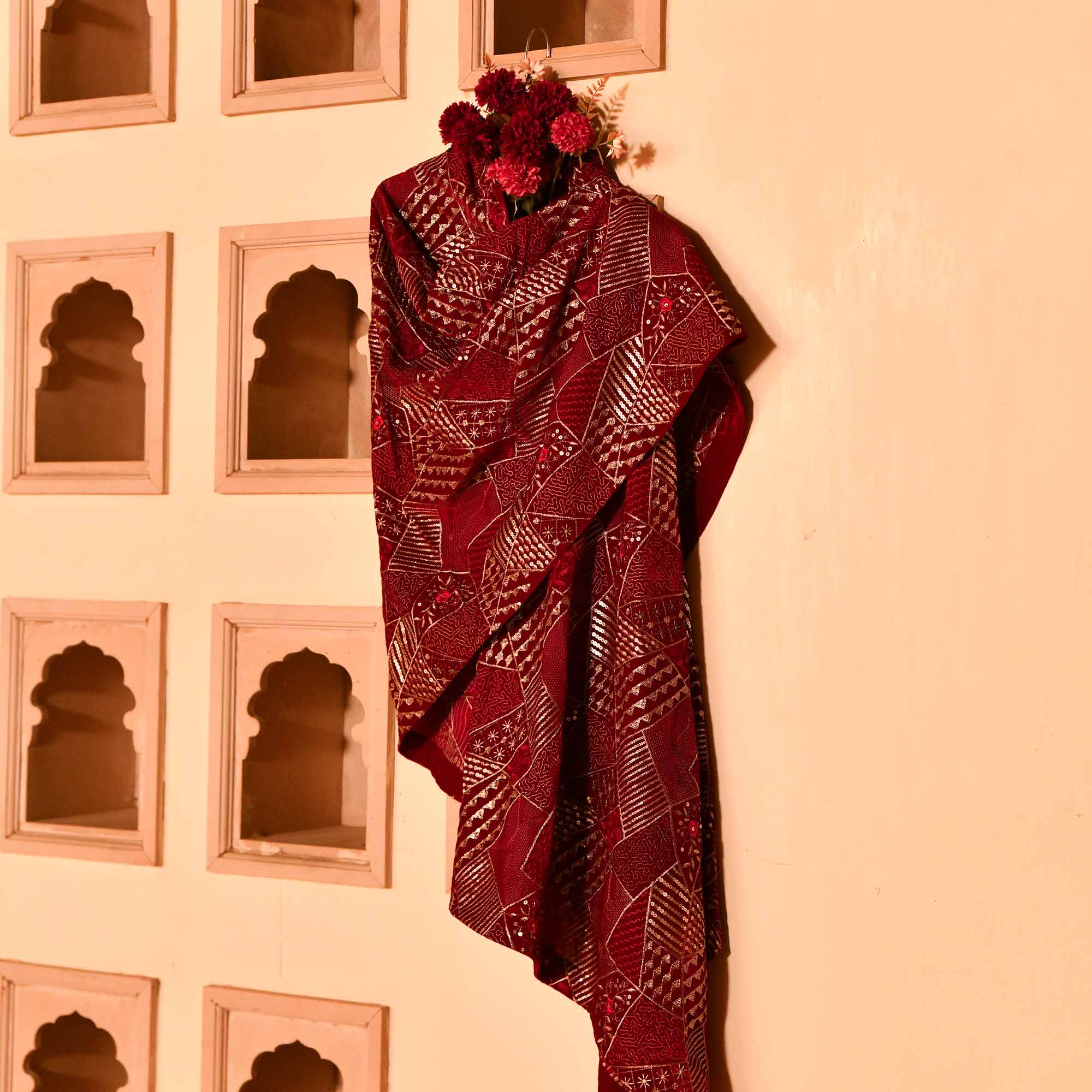 Cherry Velvet Wollen Sequin Embellished Dupatta Stole