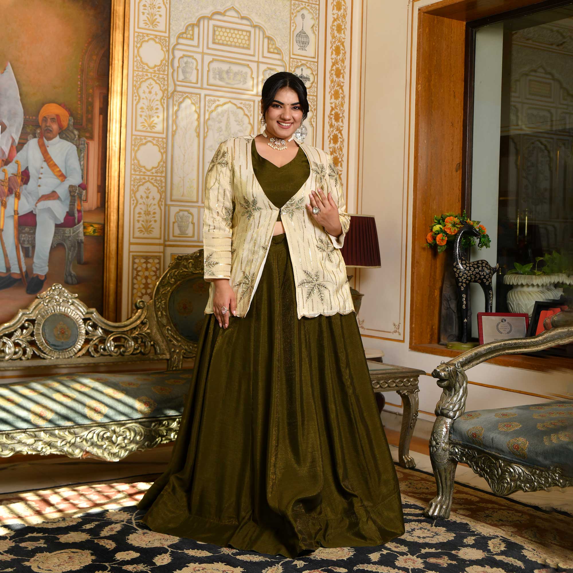 Moss Whimsy- Mehendi Green Lehenga Set with Embroidered Jacket