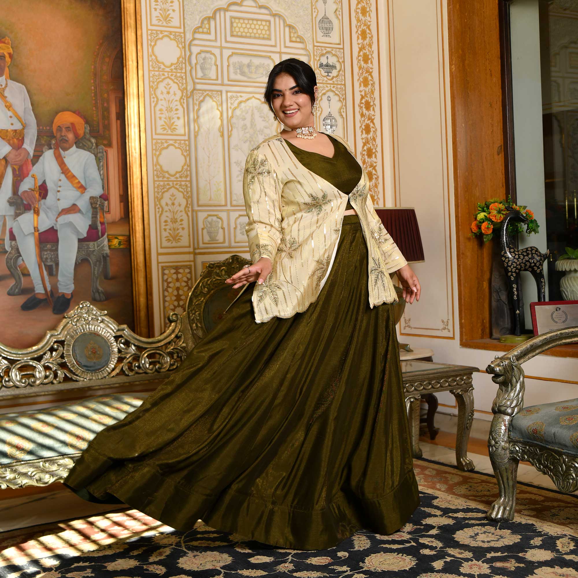 Moss Whimsy- Mehendi Green Lehenga Set with Embroidered Jacket