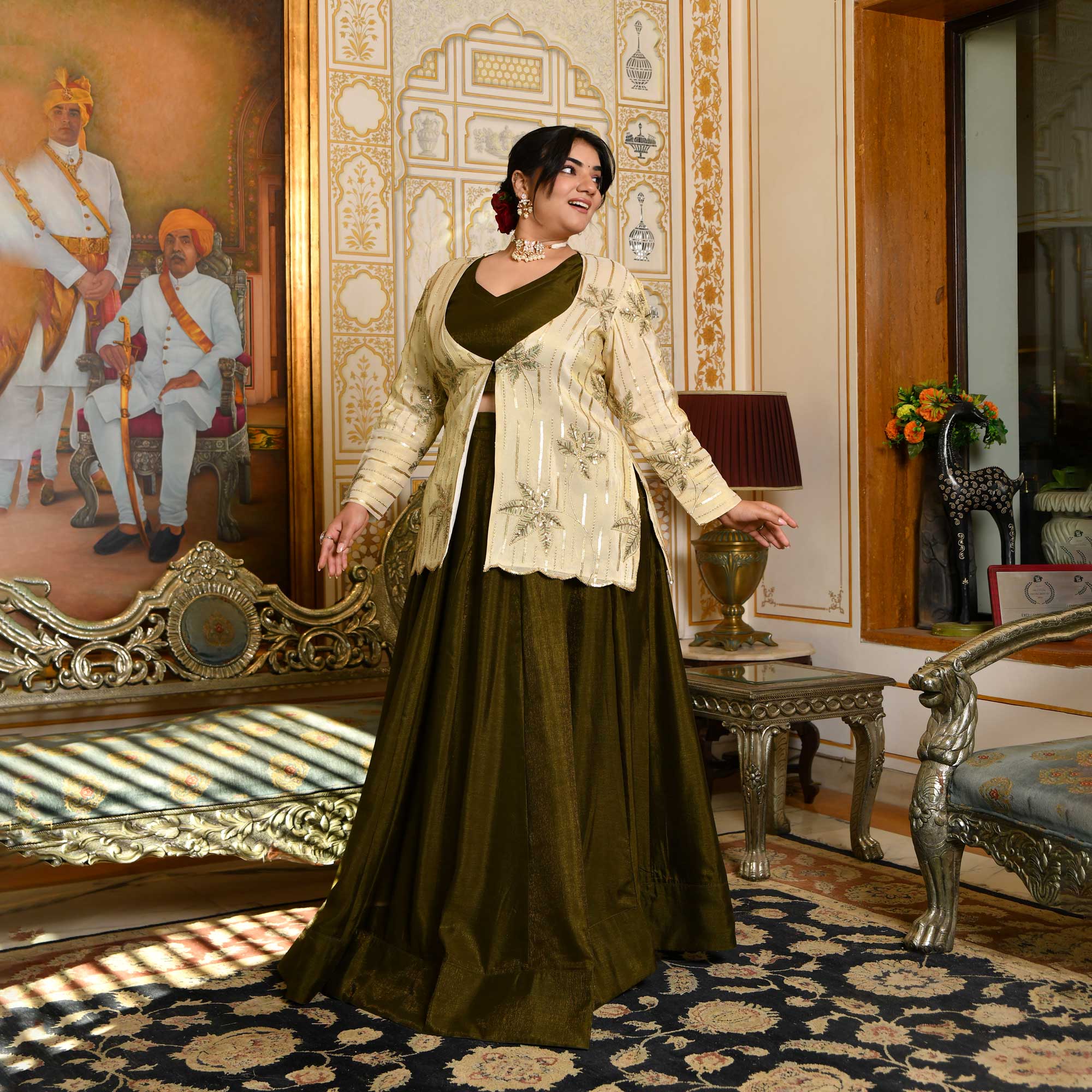 Moss Whimsy- Mehendi Green Lehenga Set with Embroidered Jacket
