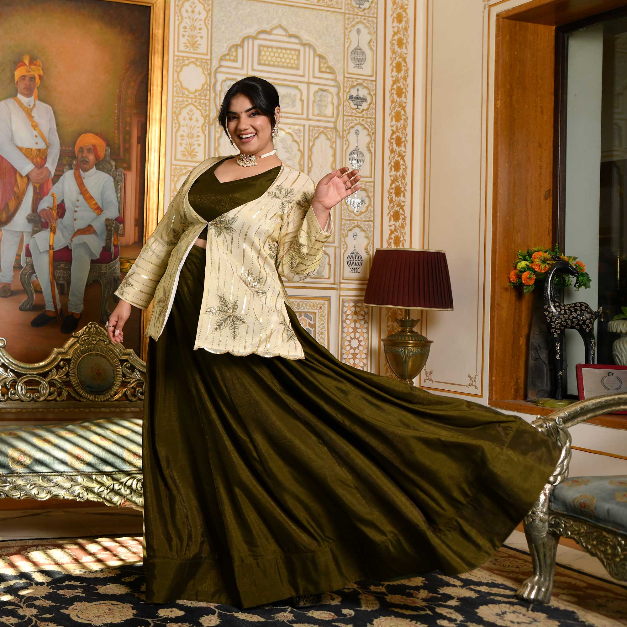 Moss Whimsy- Mehendi Green Lehenga Set with Embroidered Jacket