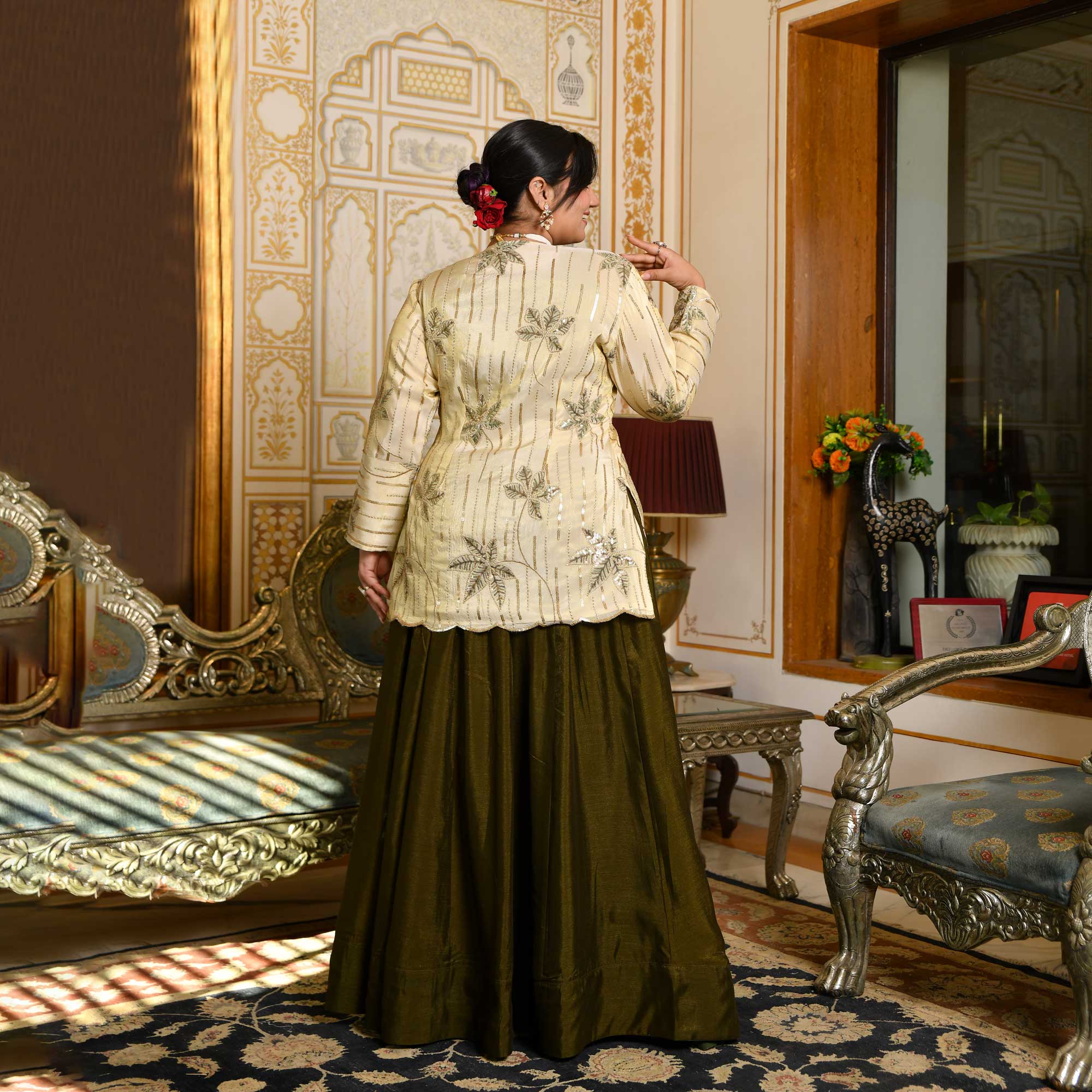 Moss Whimsy- Mehendi Green Lehenga Set with Embroidered Jacket