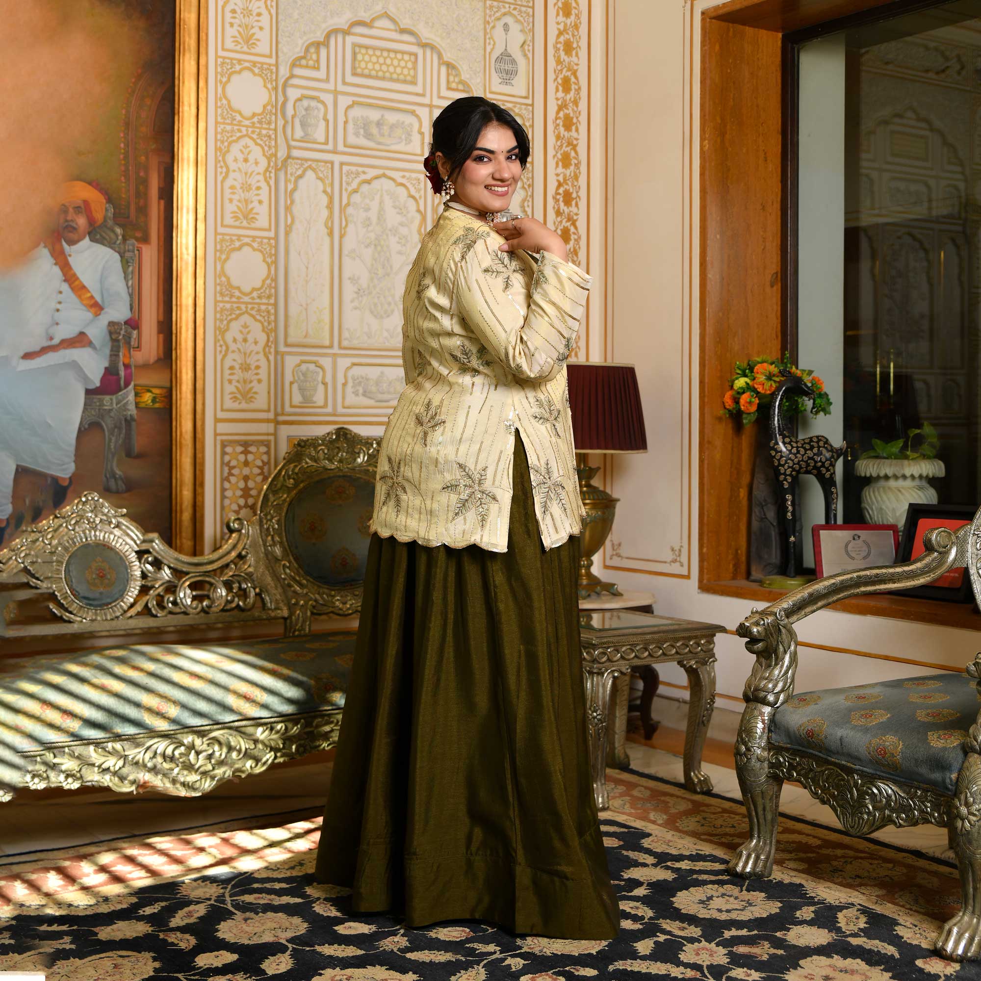 Moss Whimsy- Mehendi Green Lehenga Set with Embroidered Jacket