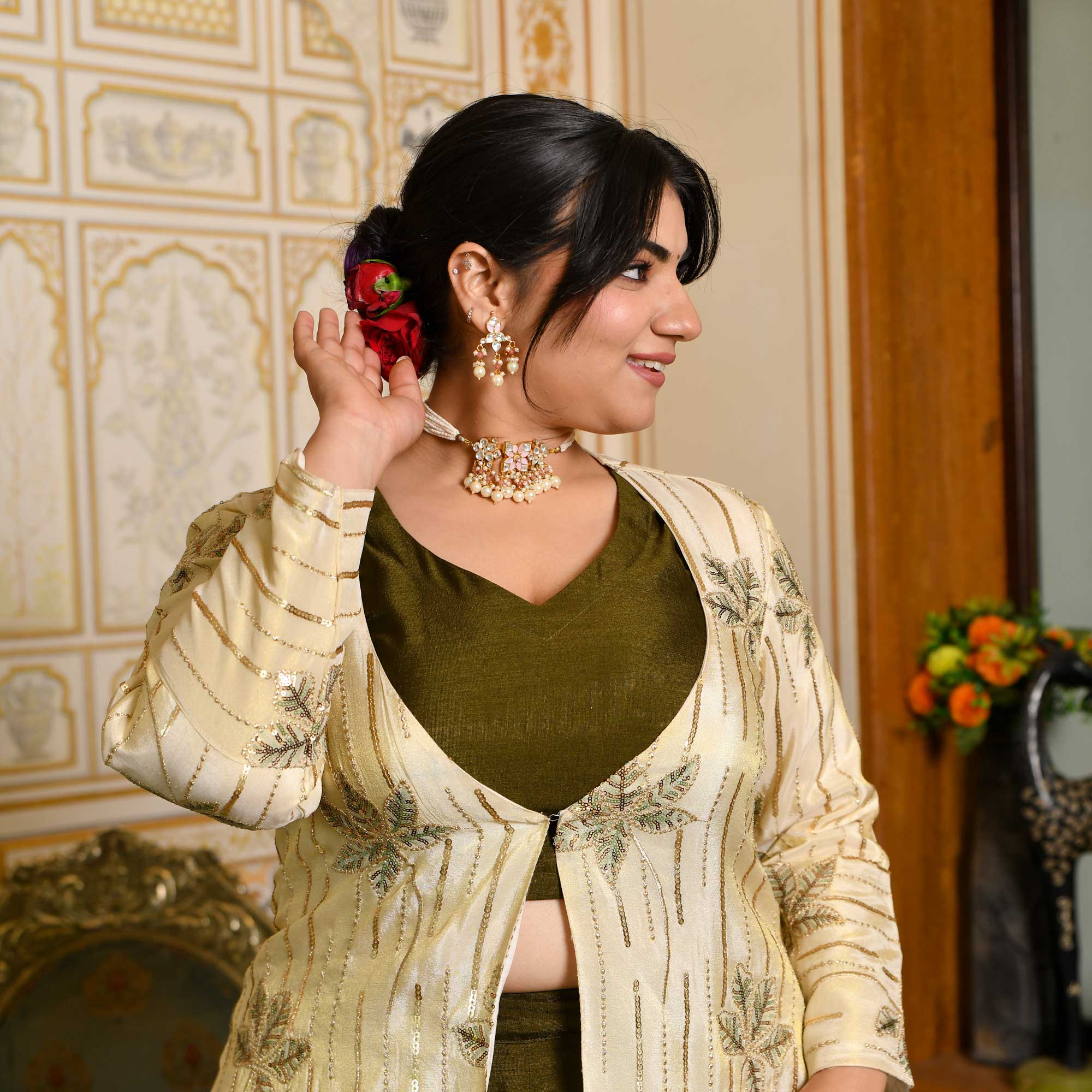 Moss Whimsy- Mehendi Green Lehenga Set with Embroidered Jacket