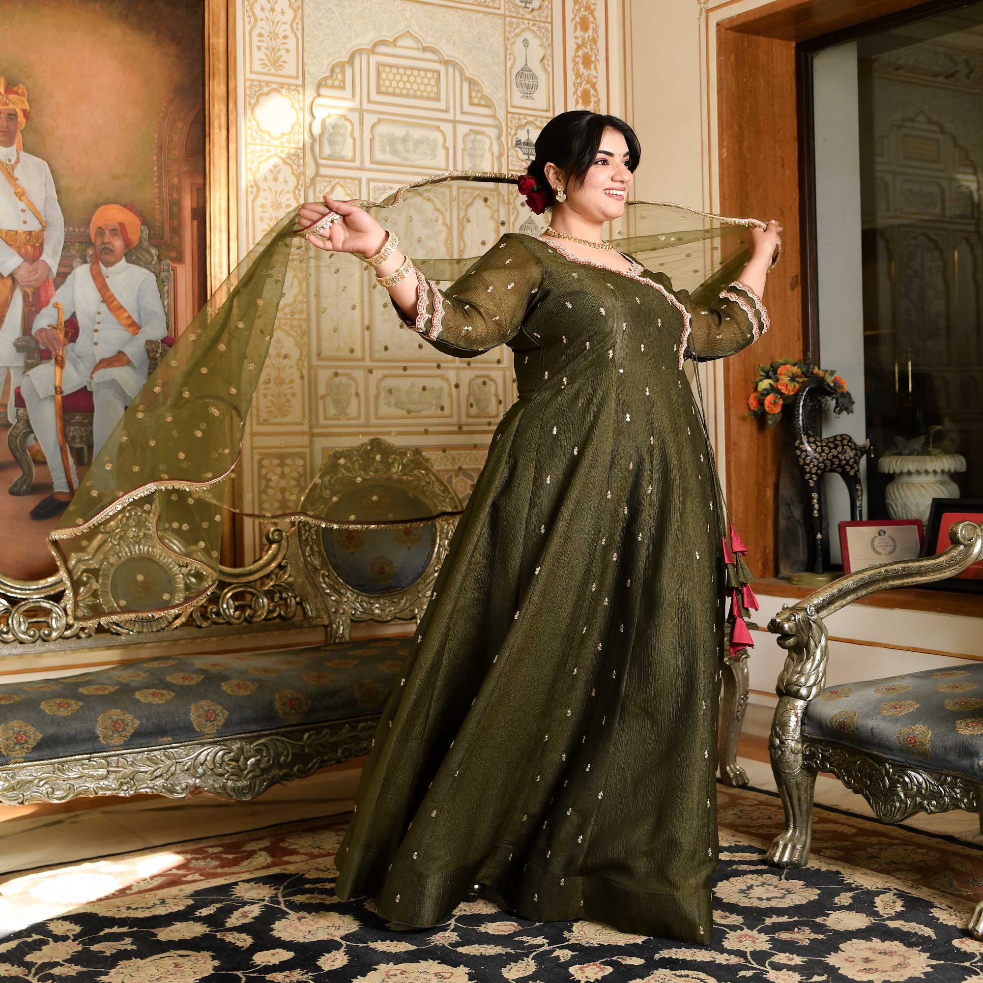 Verdant Majesty Mehendi Green Silk Embroidered Anarkali Set