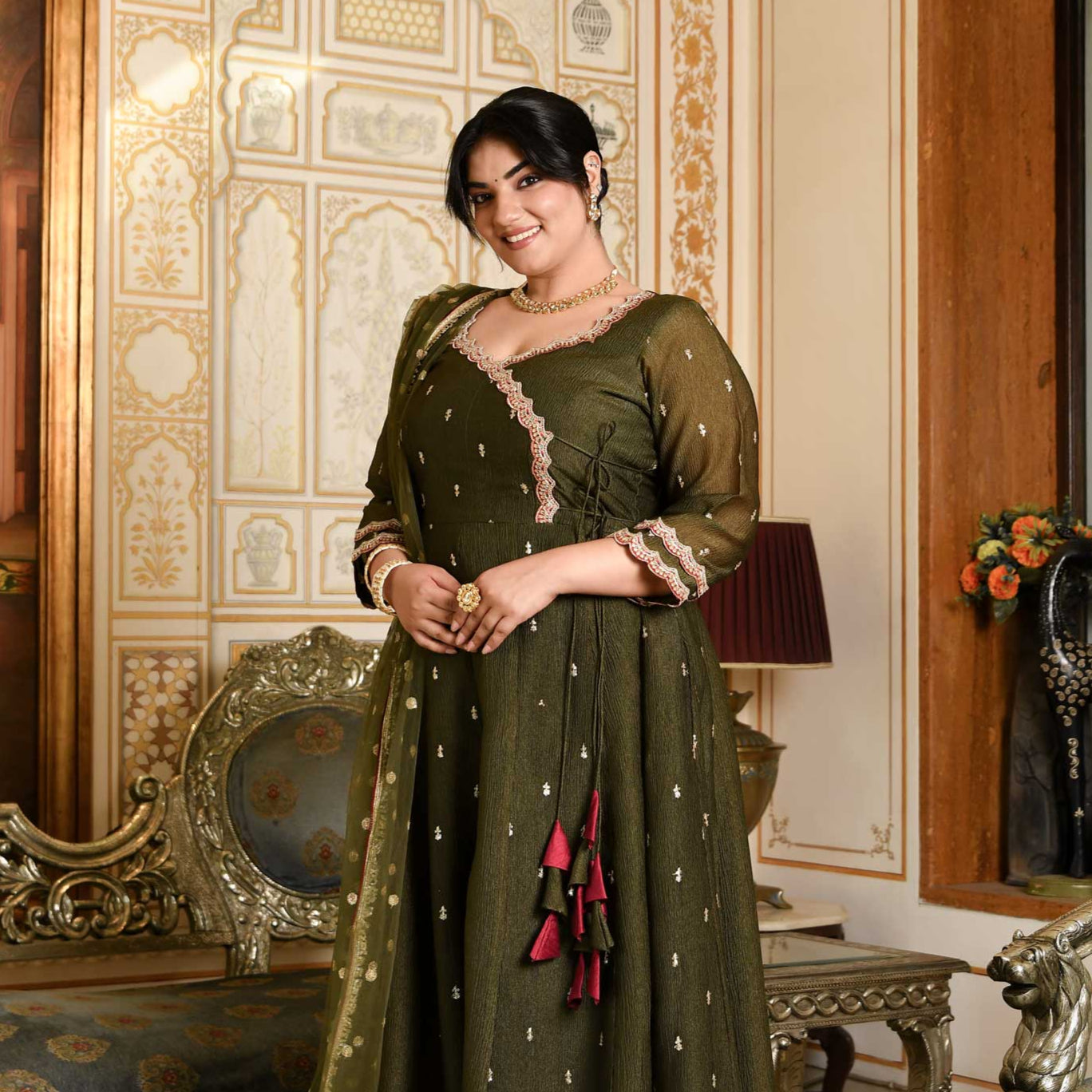 Verdant Majesty Mehendi Green Silk Embroidered Anarkali Set
